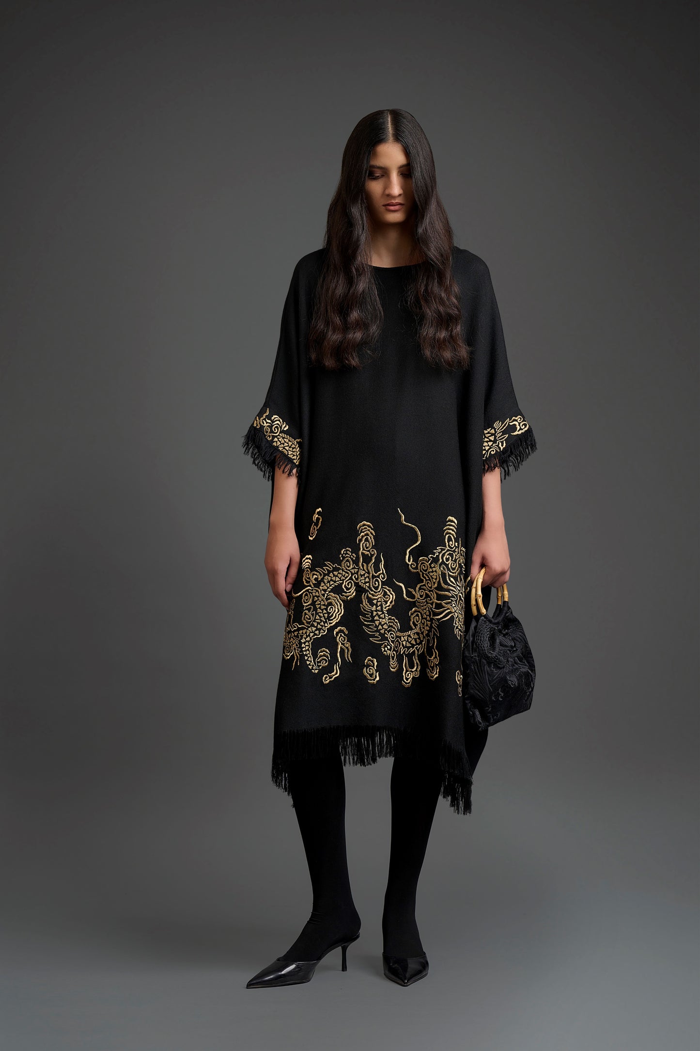 Black Wool Kaftan with Gold Flat Stitch