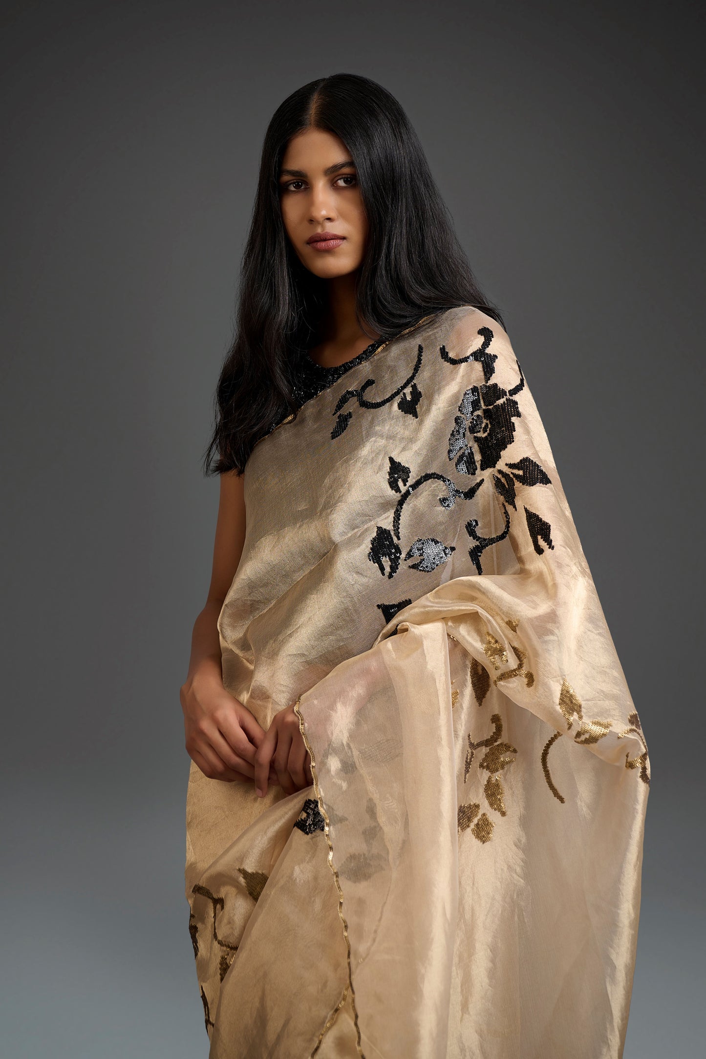Gold Hand Sequined Silk Tissue Sari
