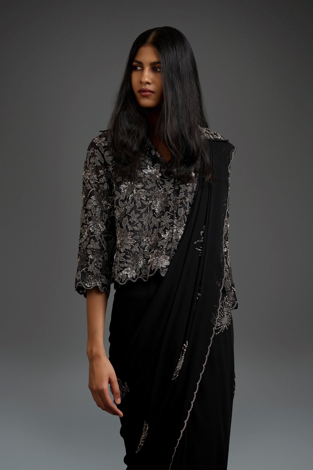 Black Georgette Hand Beaded Sari