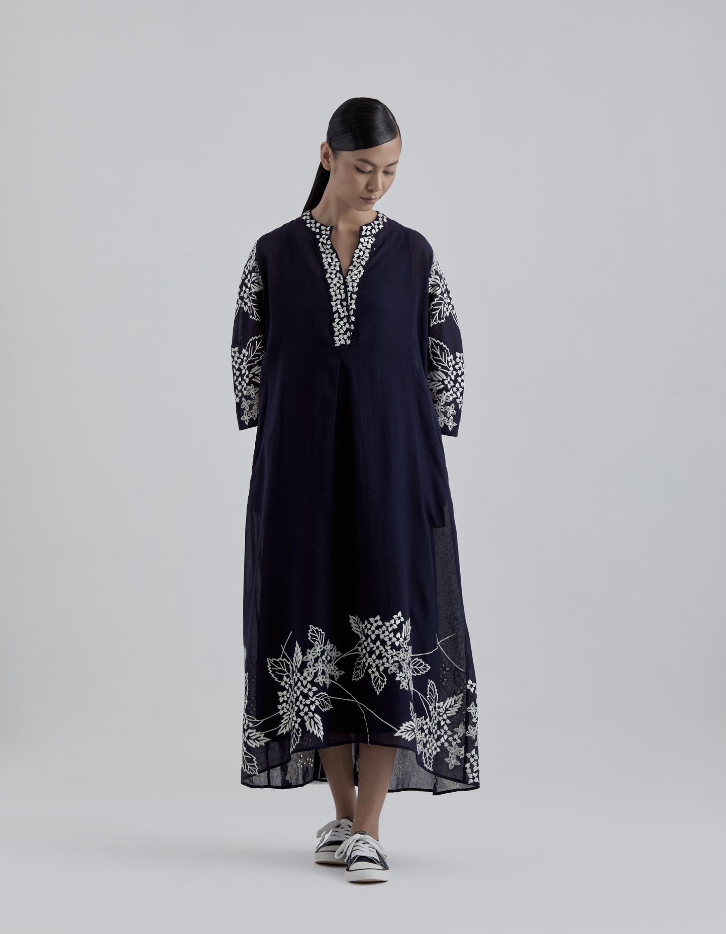 Indigo Damask Stitched Cutwork Dress
