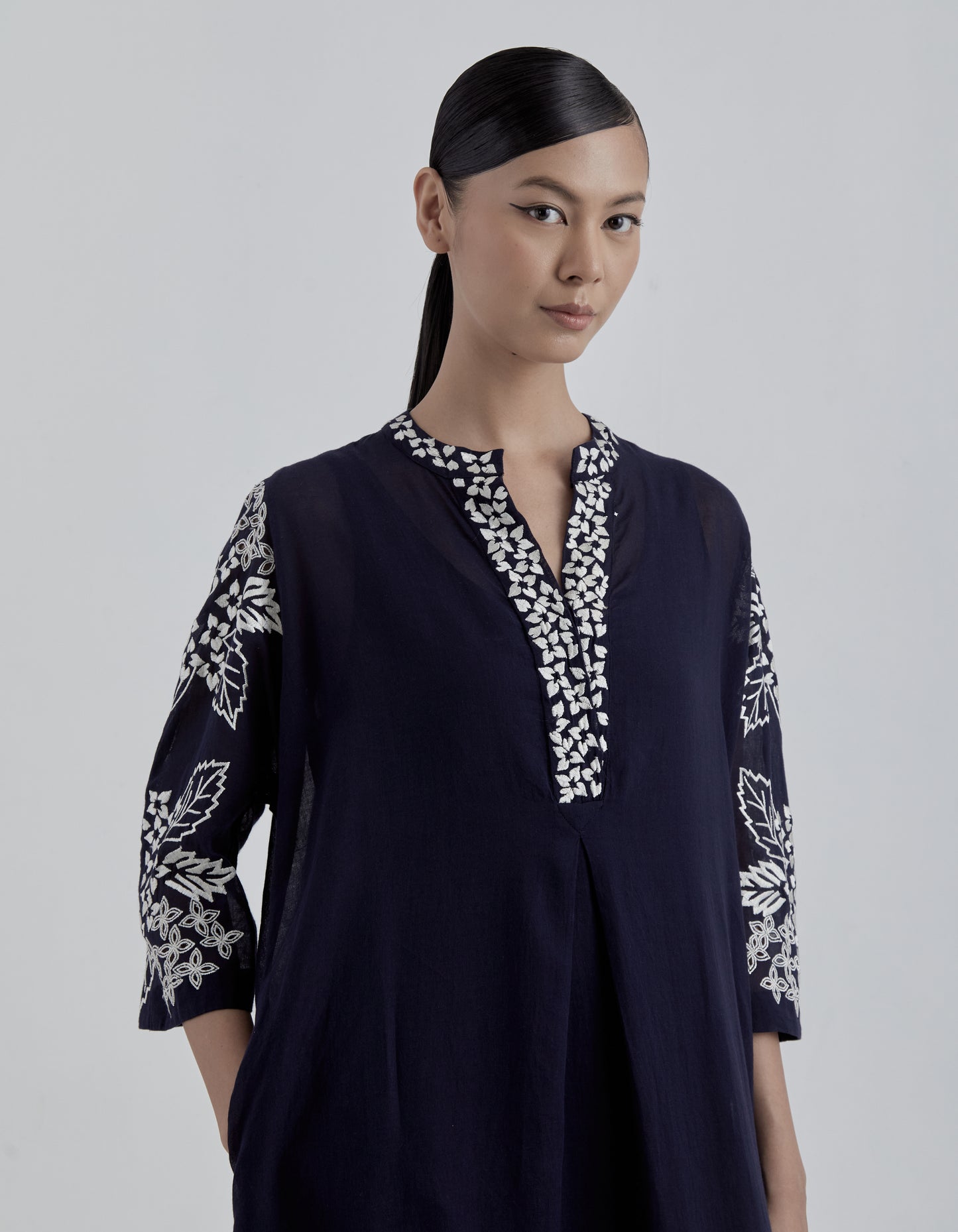 Indigo Damask Stitched Cutwork Dress