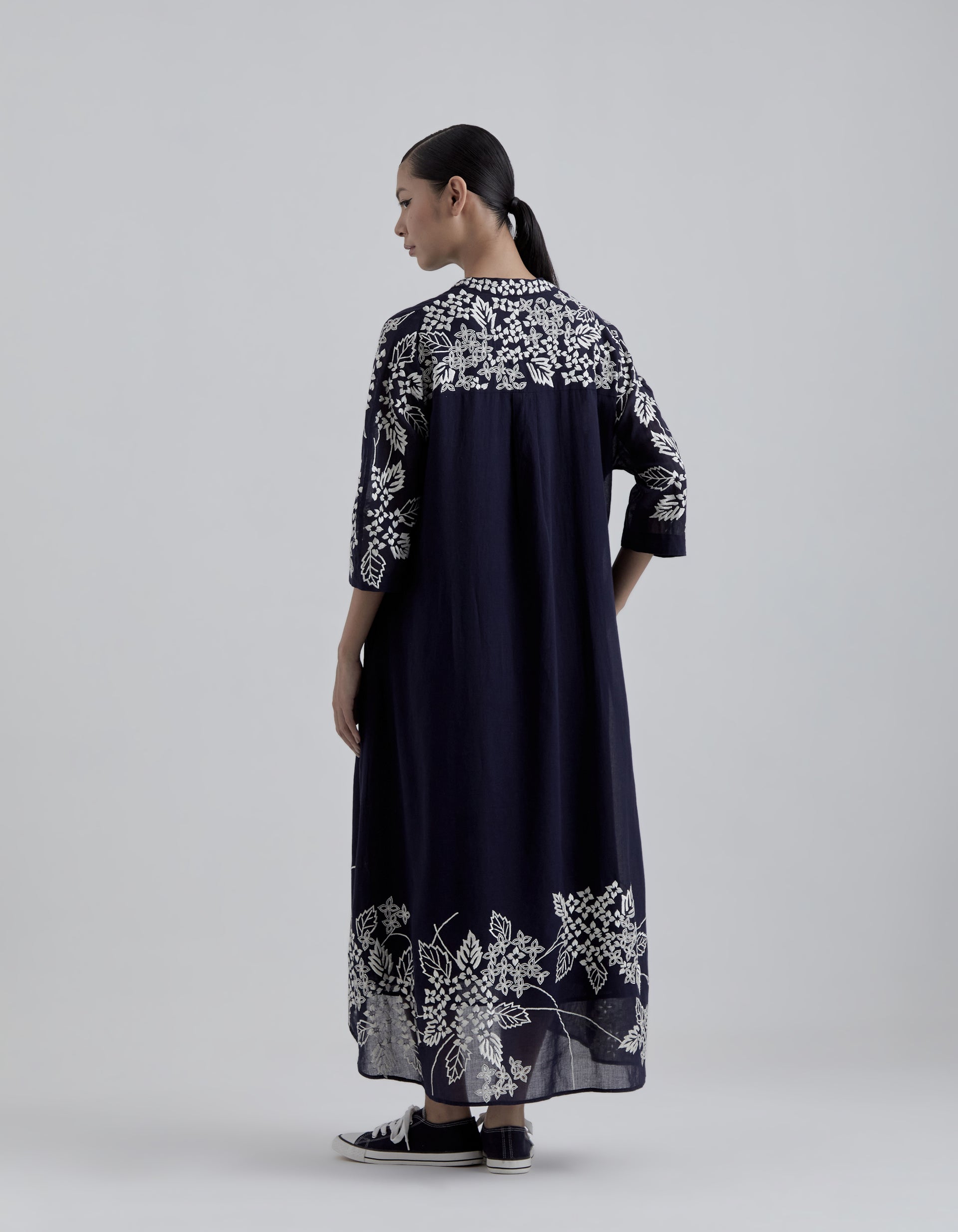 Indigo Damask Stitched Cutwork Dress