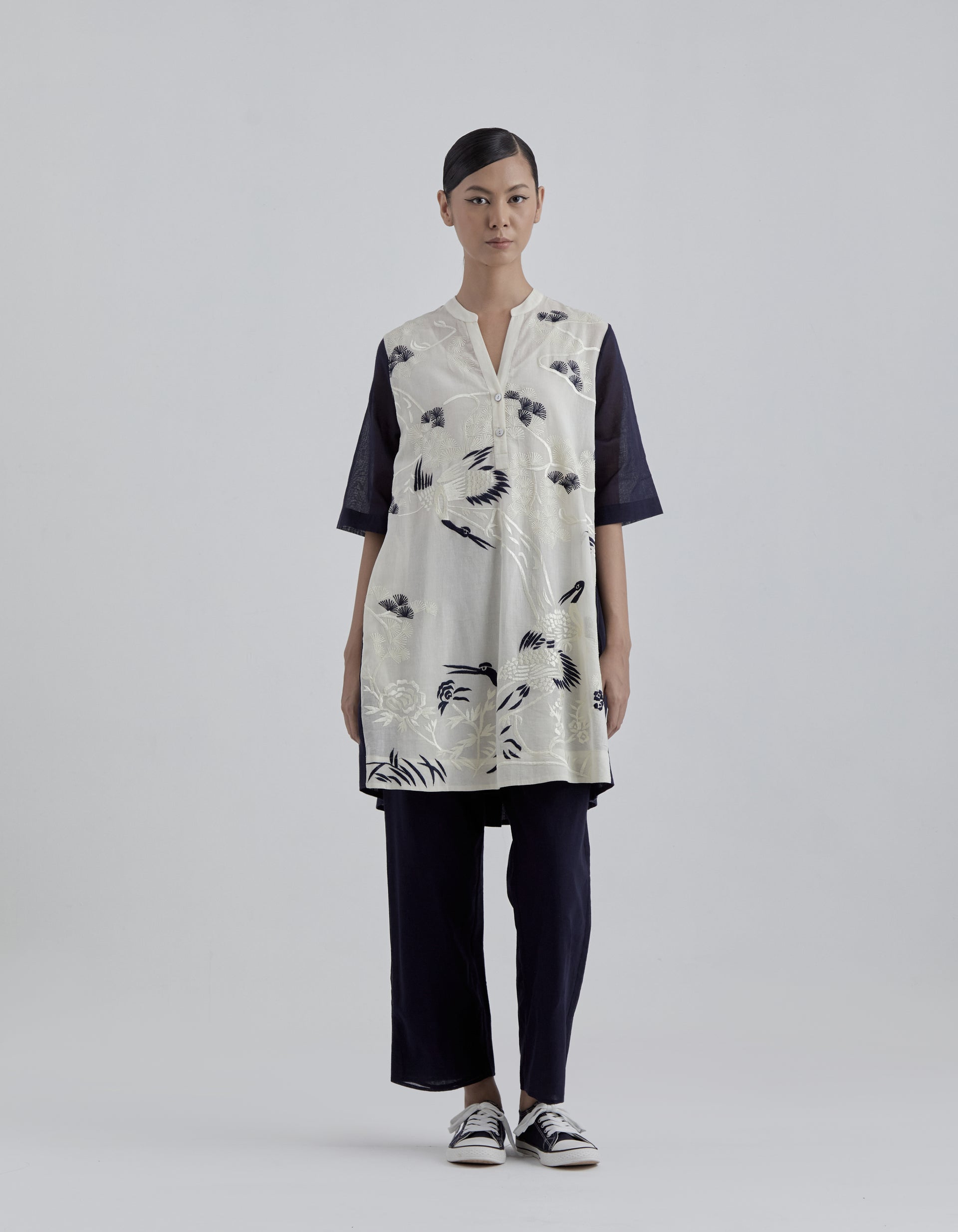 Ecru Indigo Bird Motif Tunic