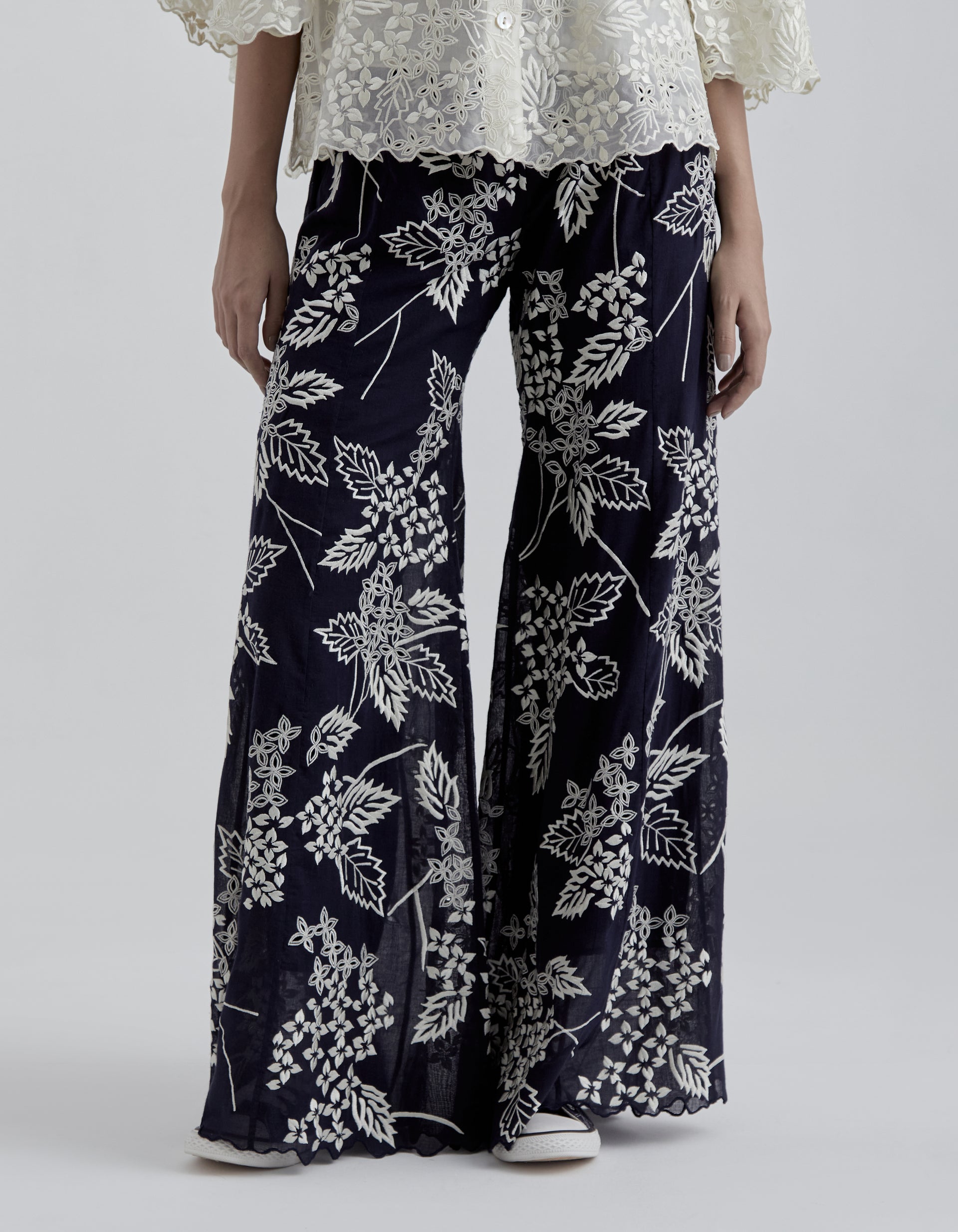 Indigo Damask Stitched Cutwork Palazzo