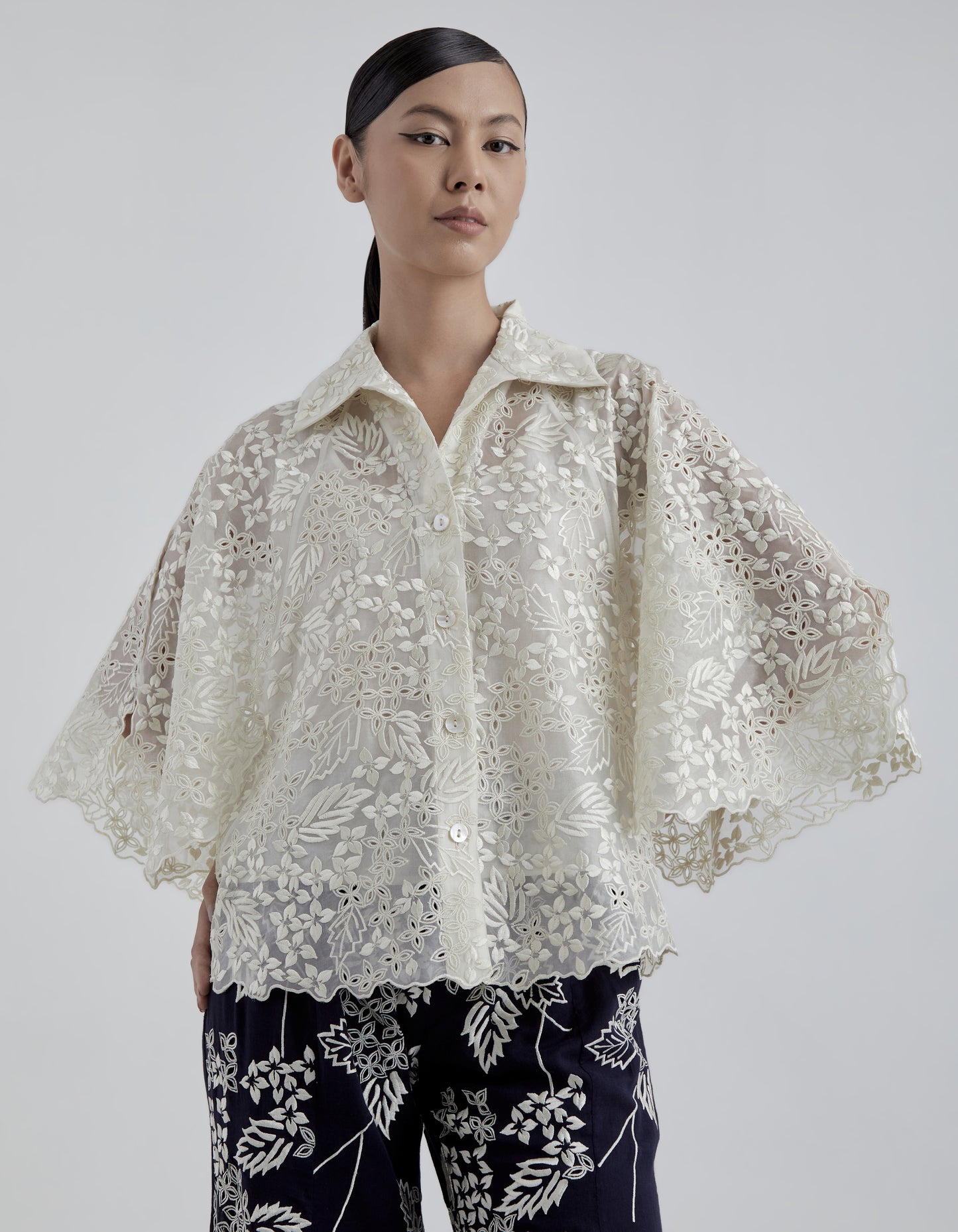 Ecru Damask Stitched Cutwork Cape Top