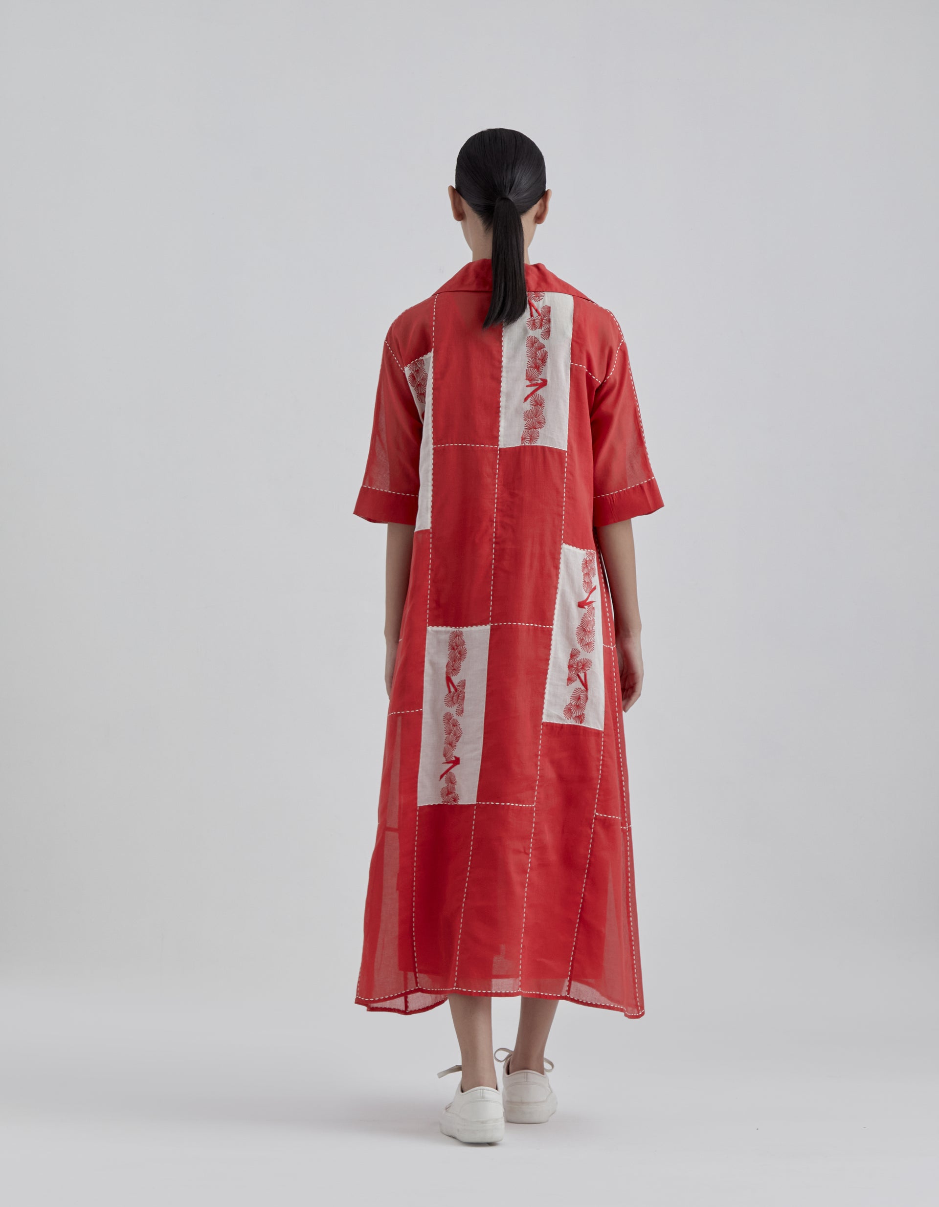 Crimson Ecru Contrast Flat Stitch Patchwork Dress