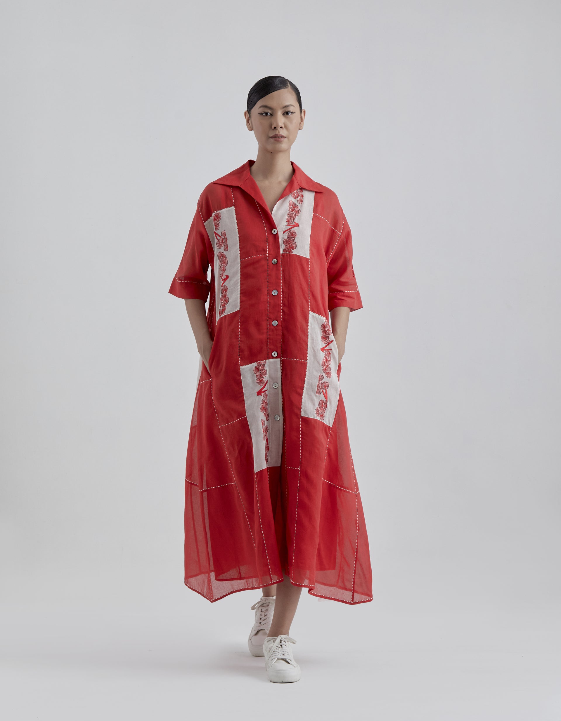 Crimson Ecru Contrast Flat Stitch Patchwork Dress