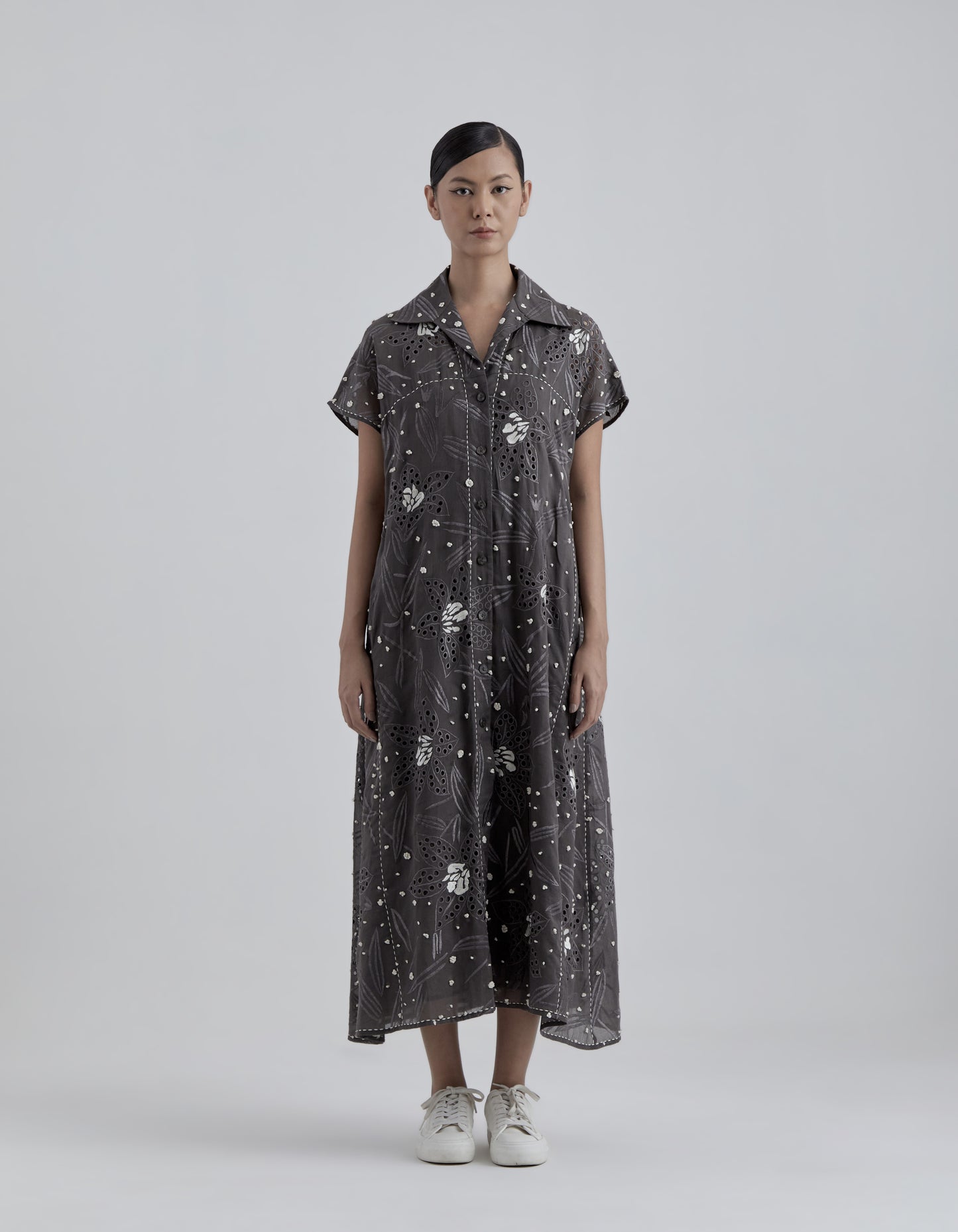 Taupe Cutwork and French Knot Dress
