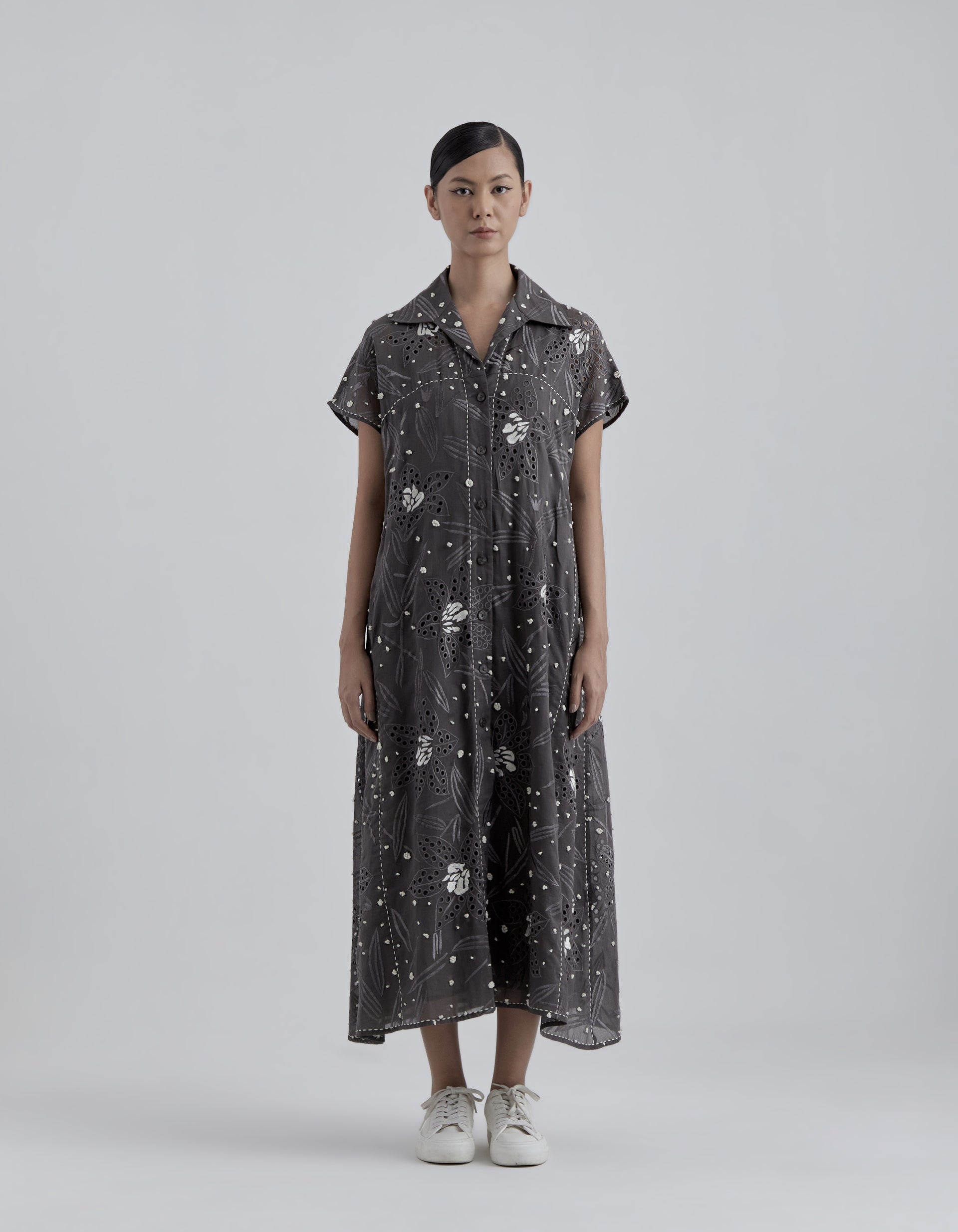 Taupe Cutwork and French Knot Dress