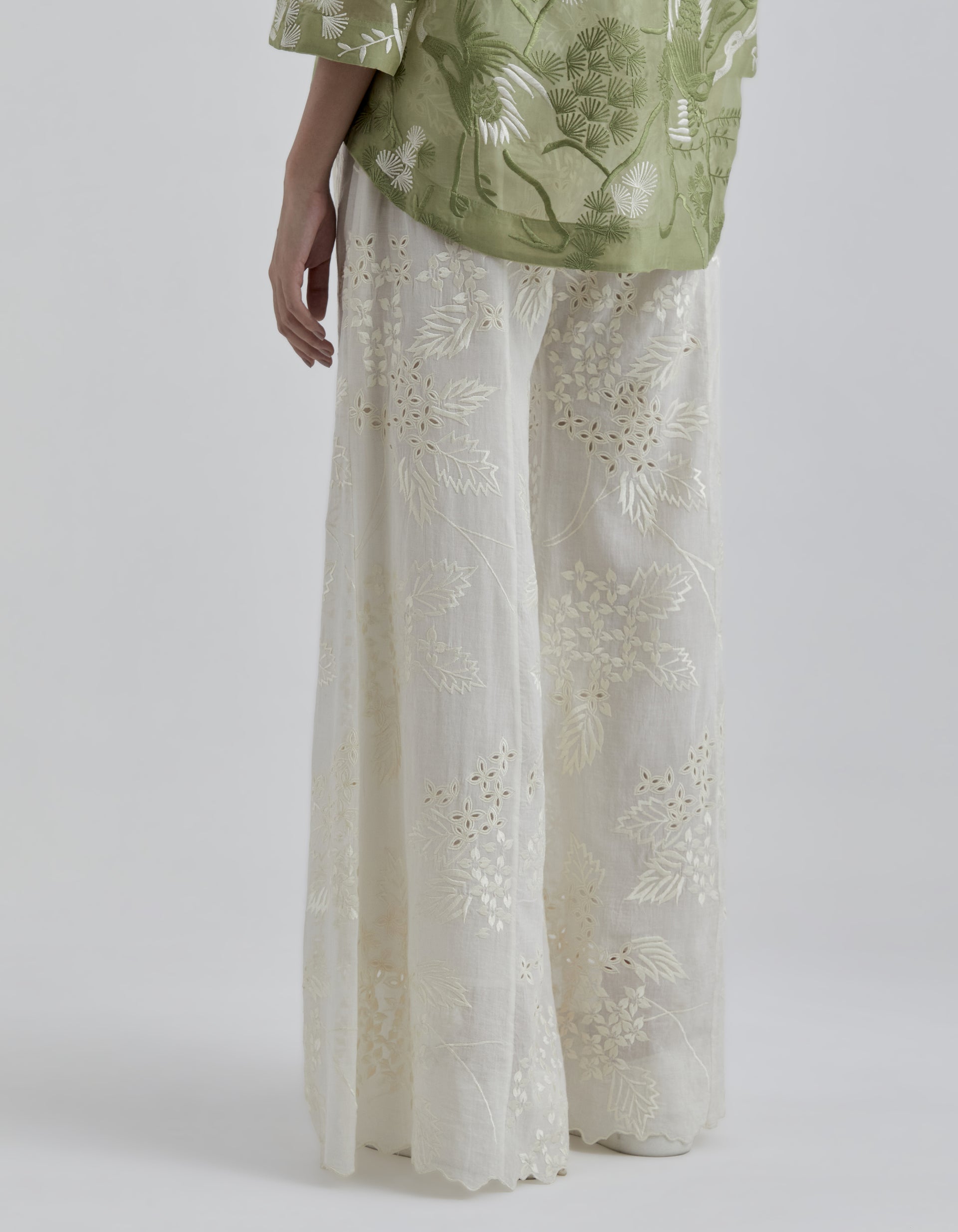 Ecru Damask Stitched Cutwork Palazzo