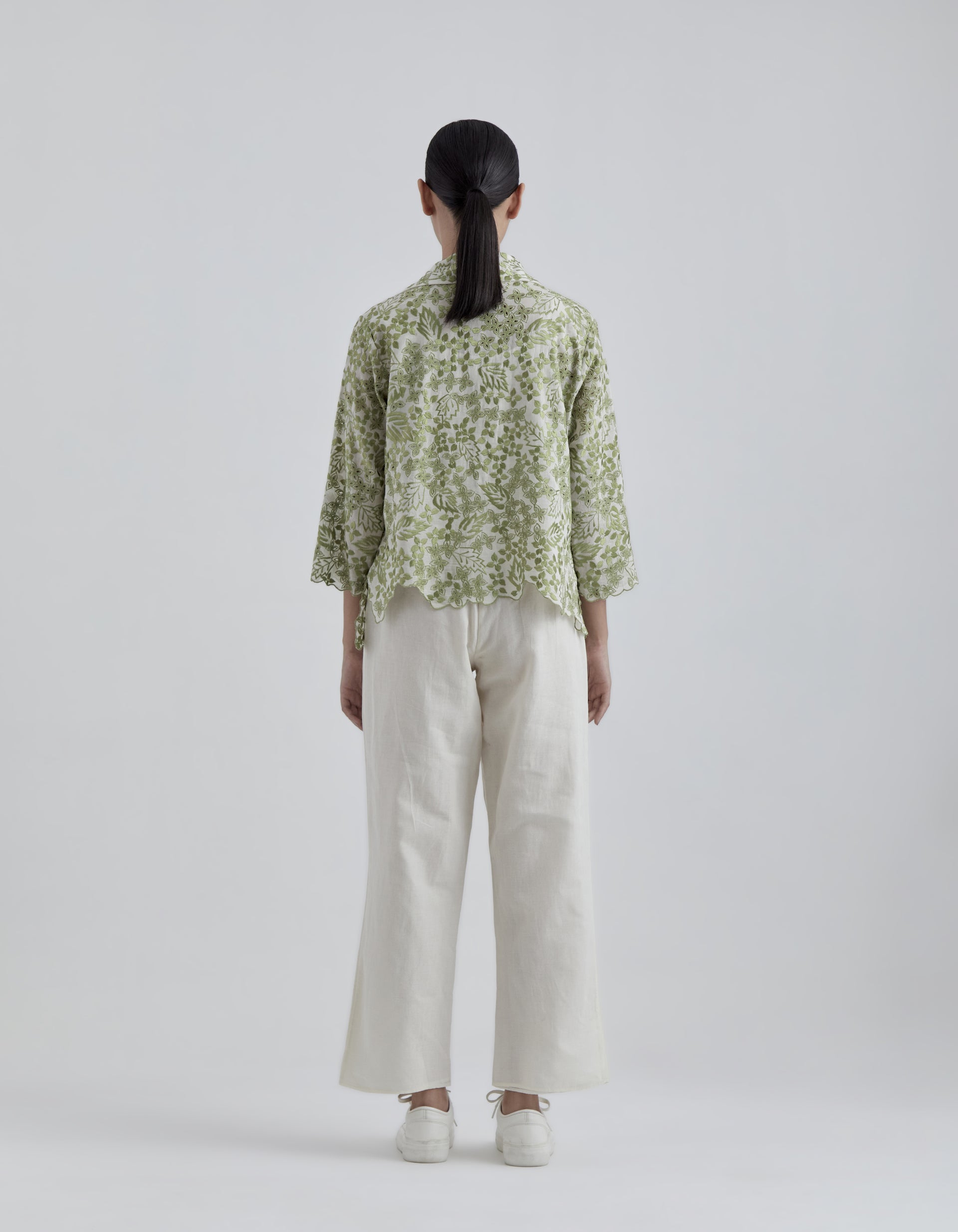 Ecru Damask Stitched Cutwork Top