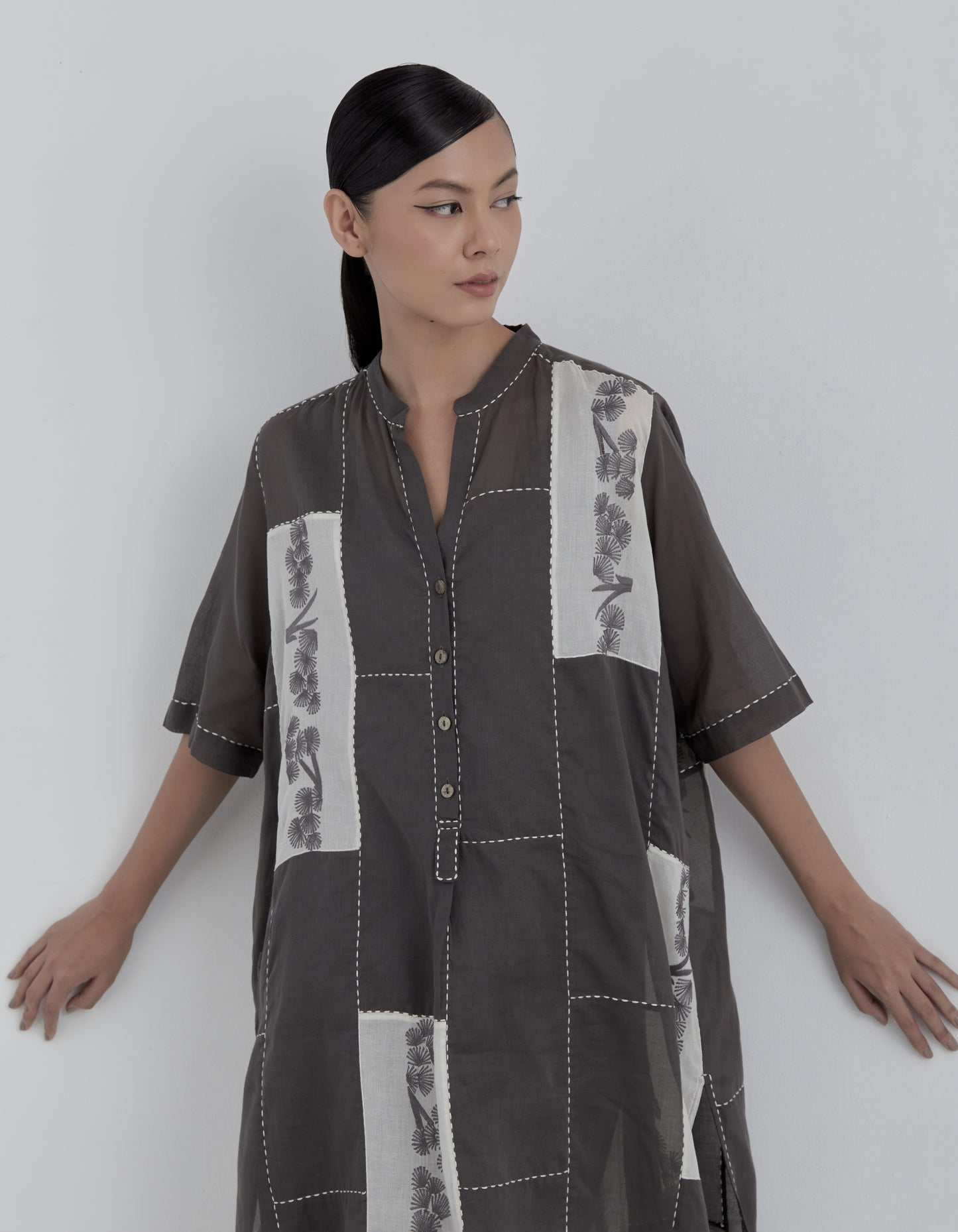 Taupe Ecru Contrast Flat Stitch Patchwork Tunic