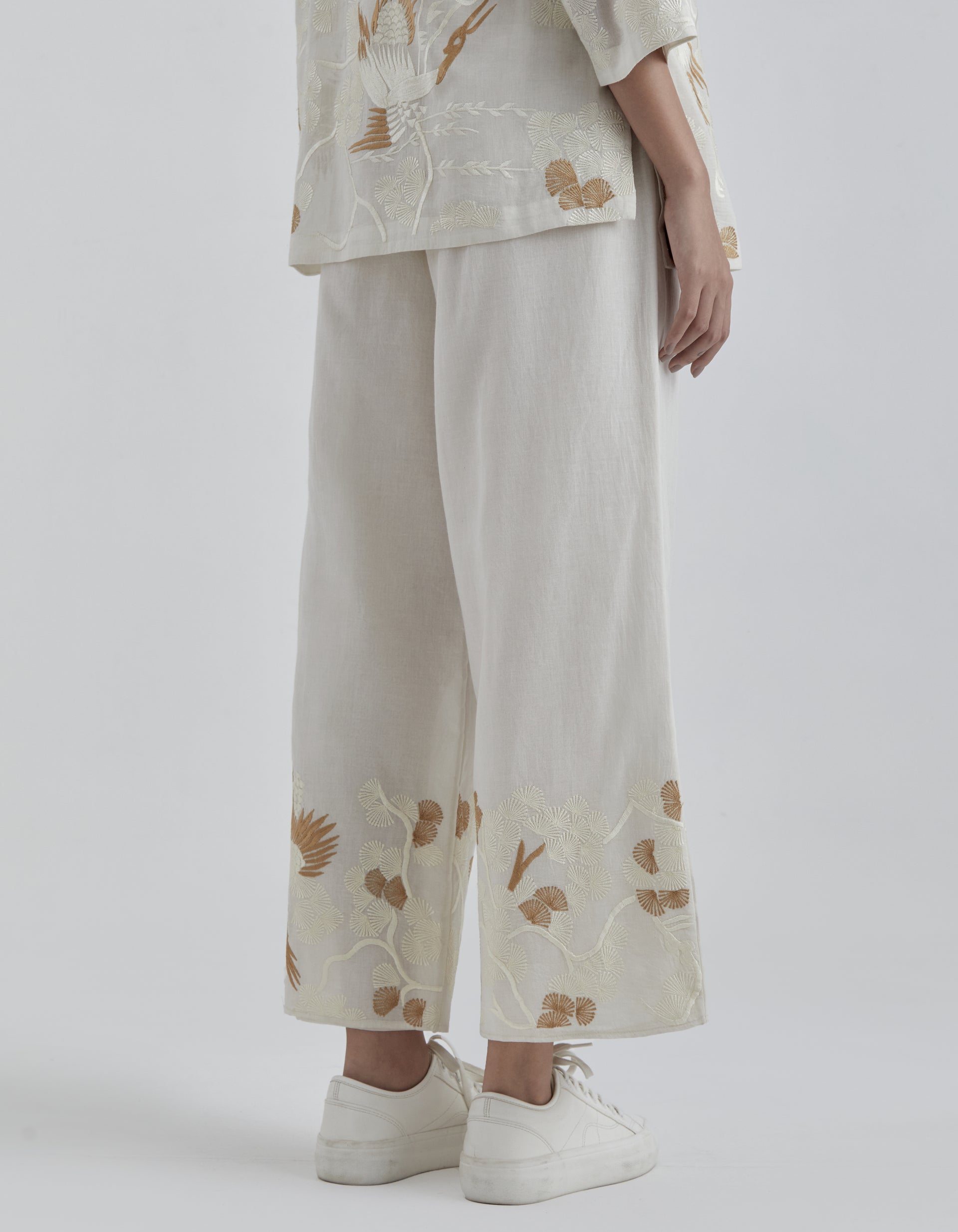 Ecru Bird Motif on Hem Pants