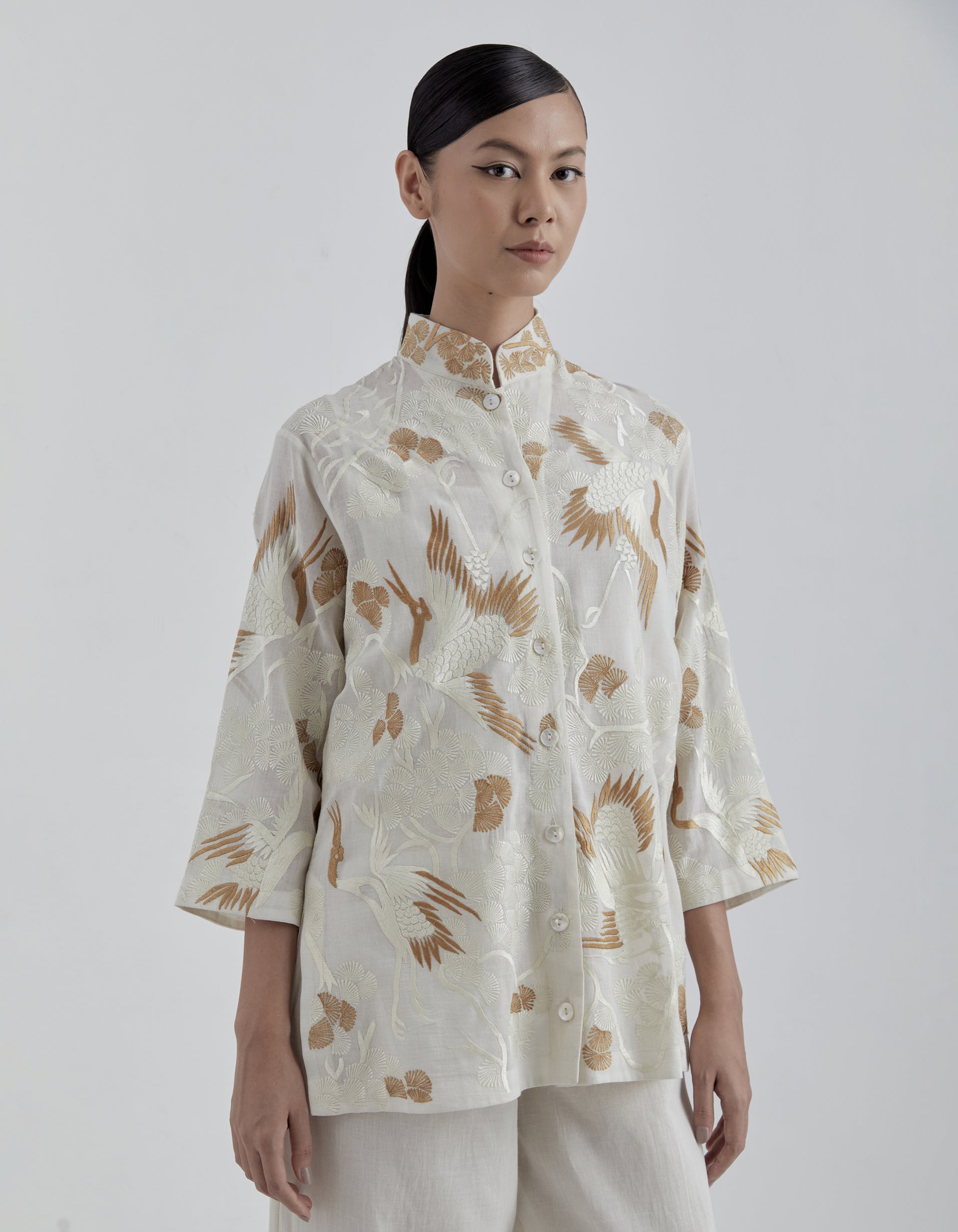 Ecru Bird Motif Top