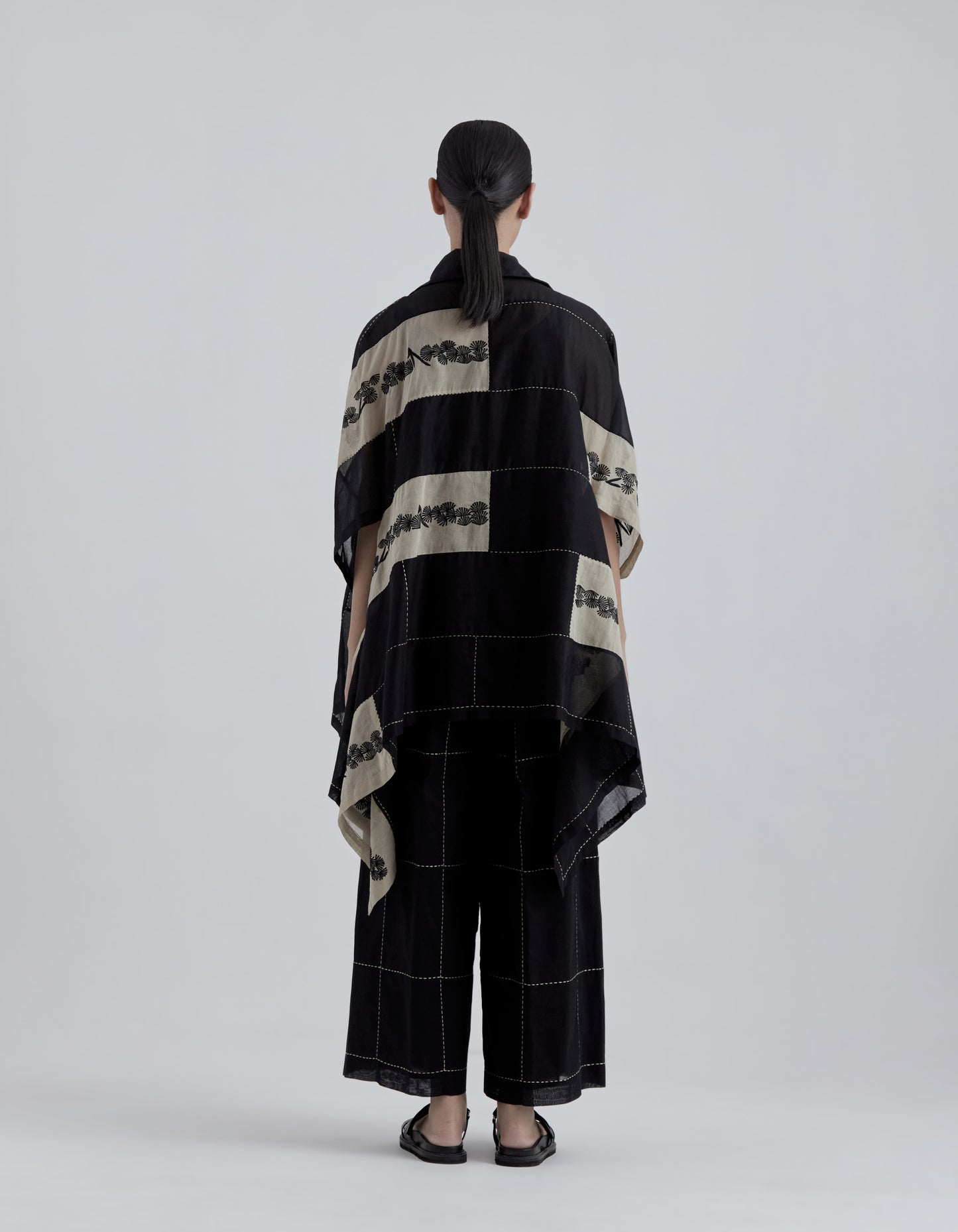 Black Contrast Flat Stitch Patchwork Cape