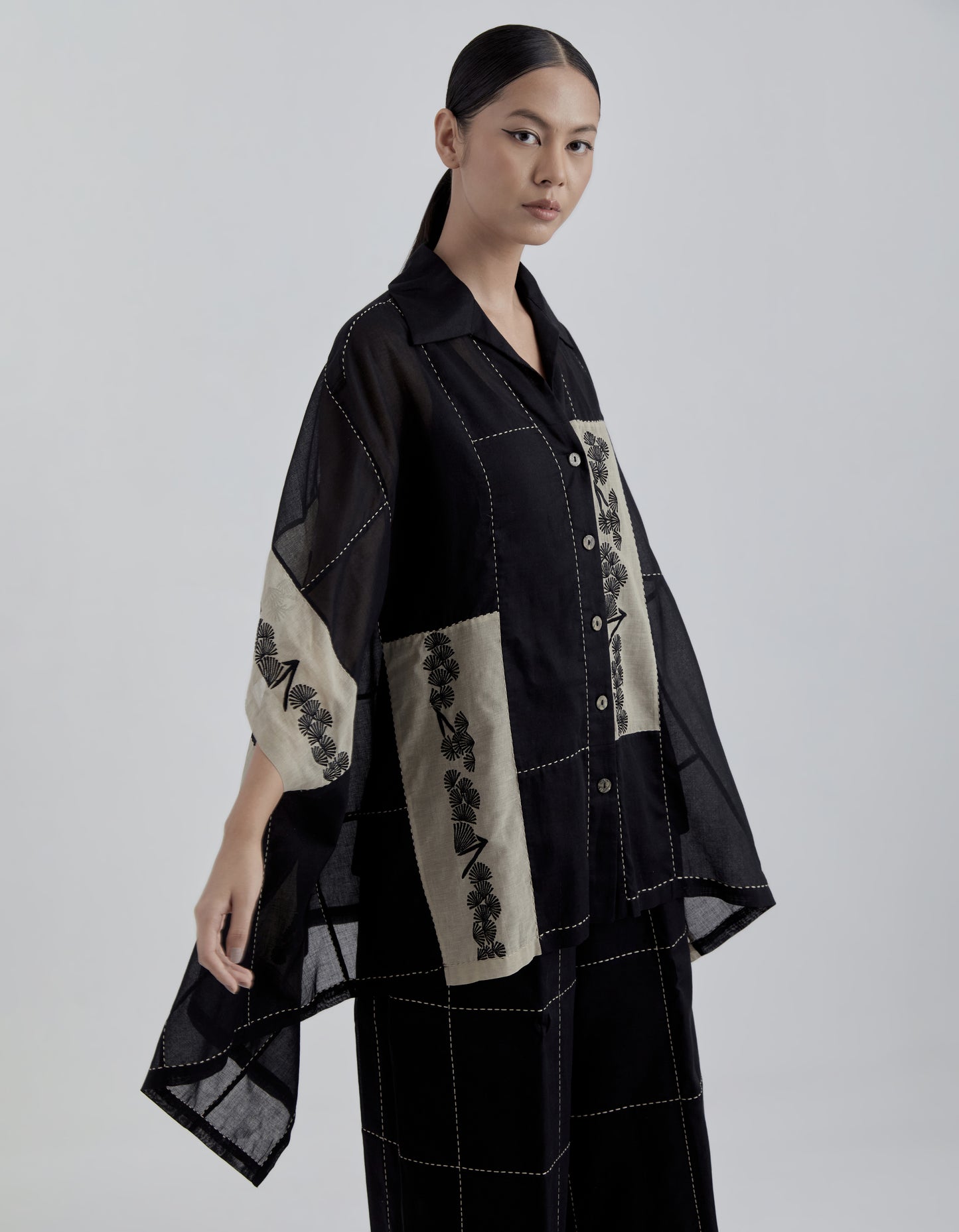 Black Contrast Flat Stitch Patchwork Cape