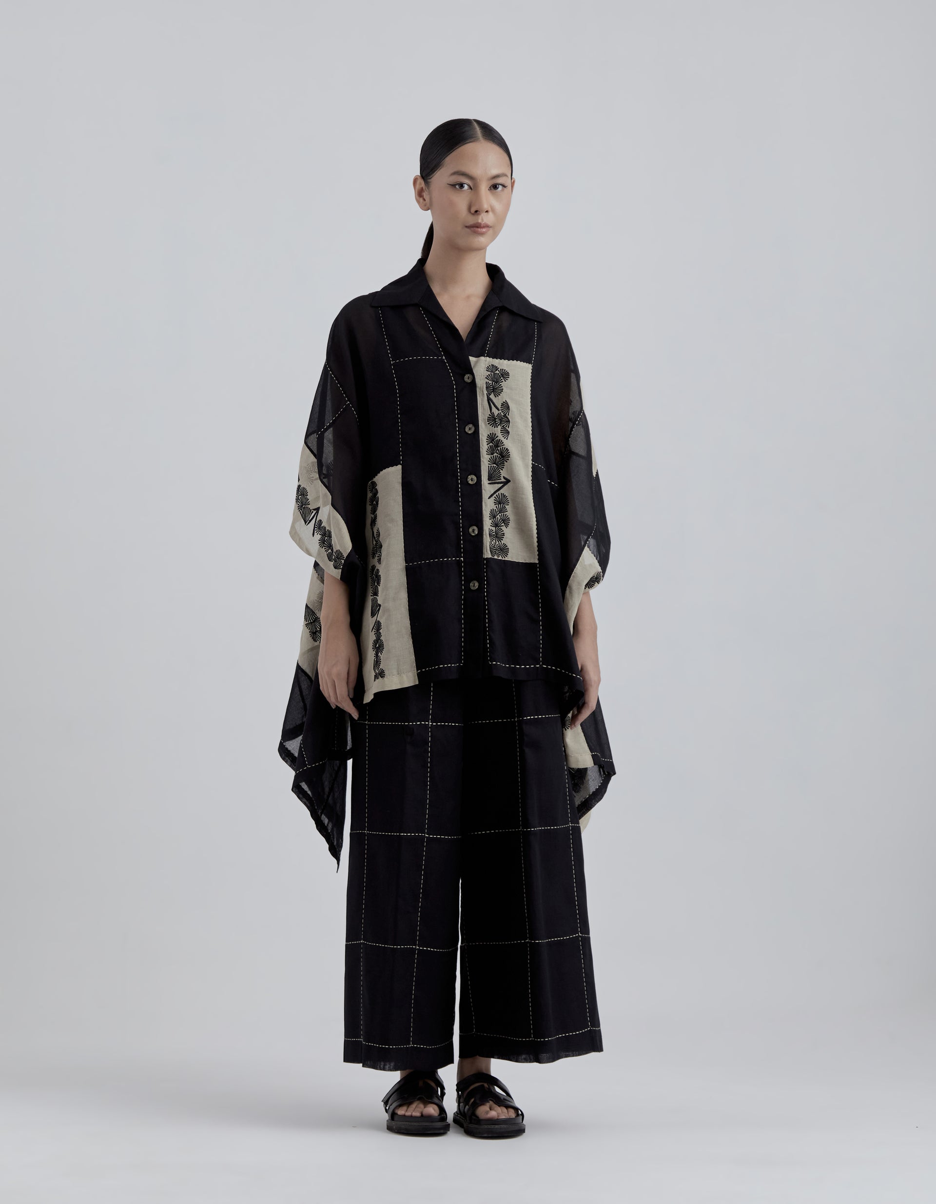 Black Contrast Flat Stitch Patchwork Cape