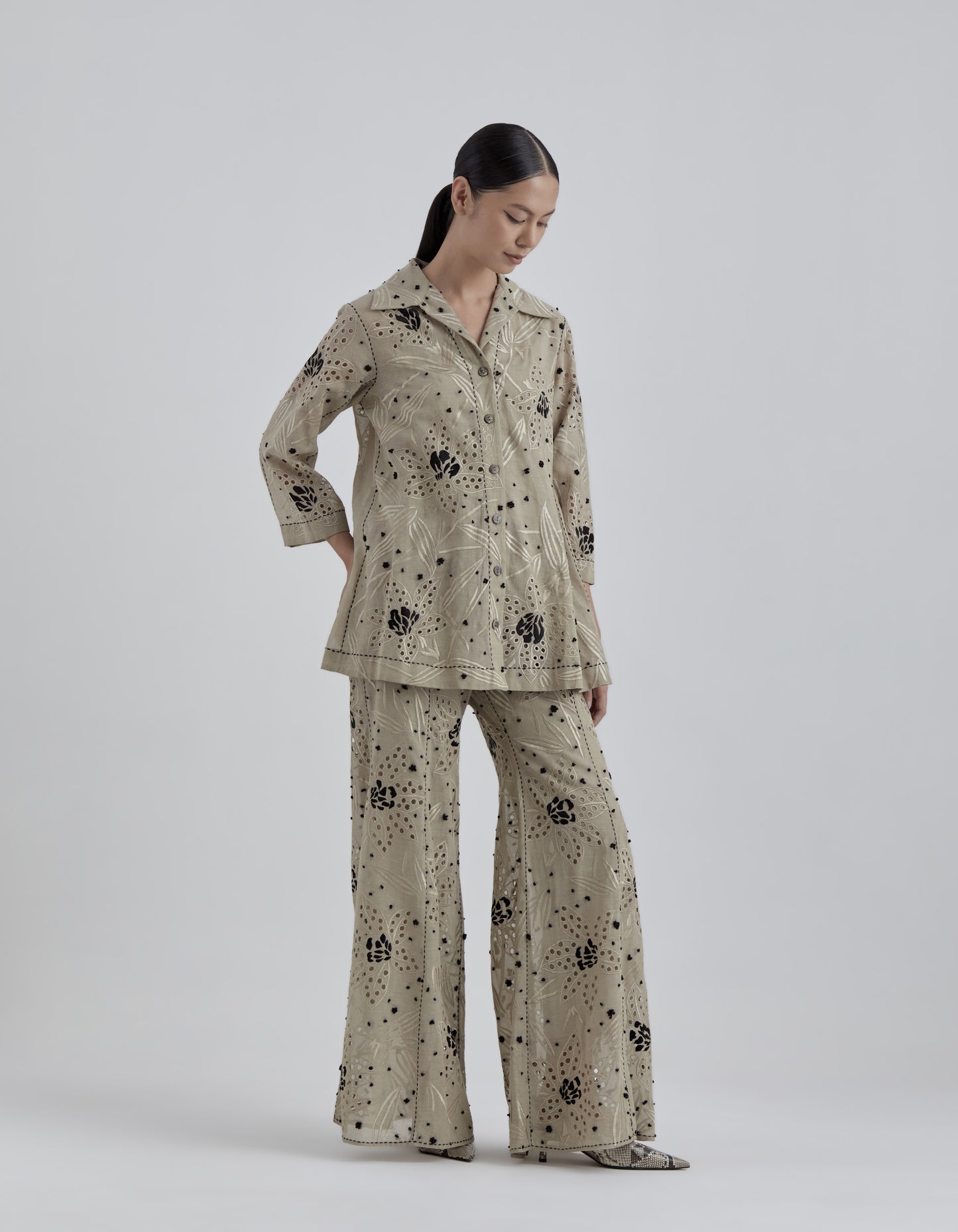 Natural Cutwork and French Knots Palazzo