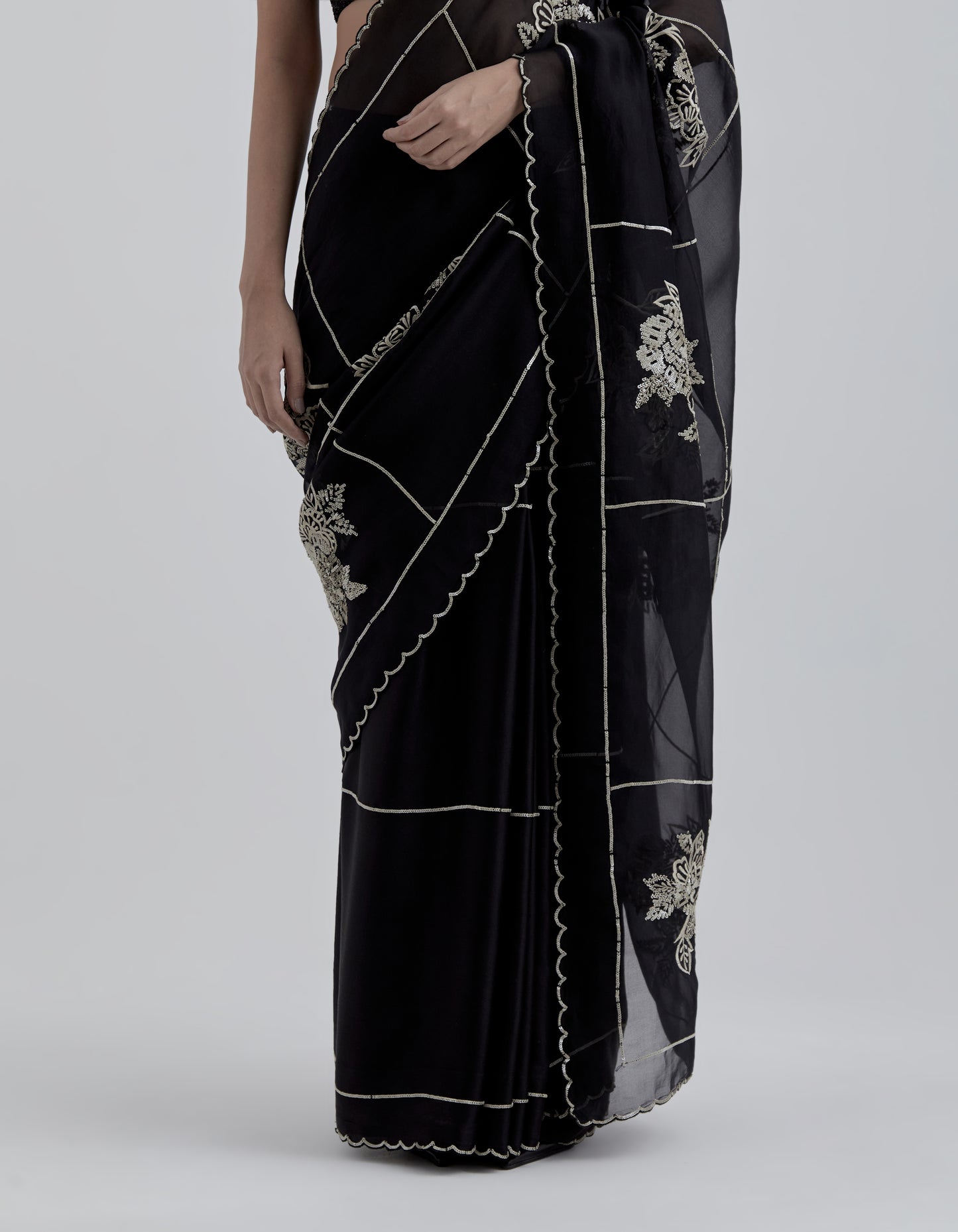 Black Hand Sequined Flat Stitch Sari
