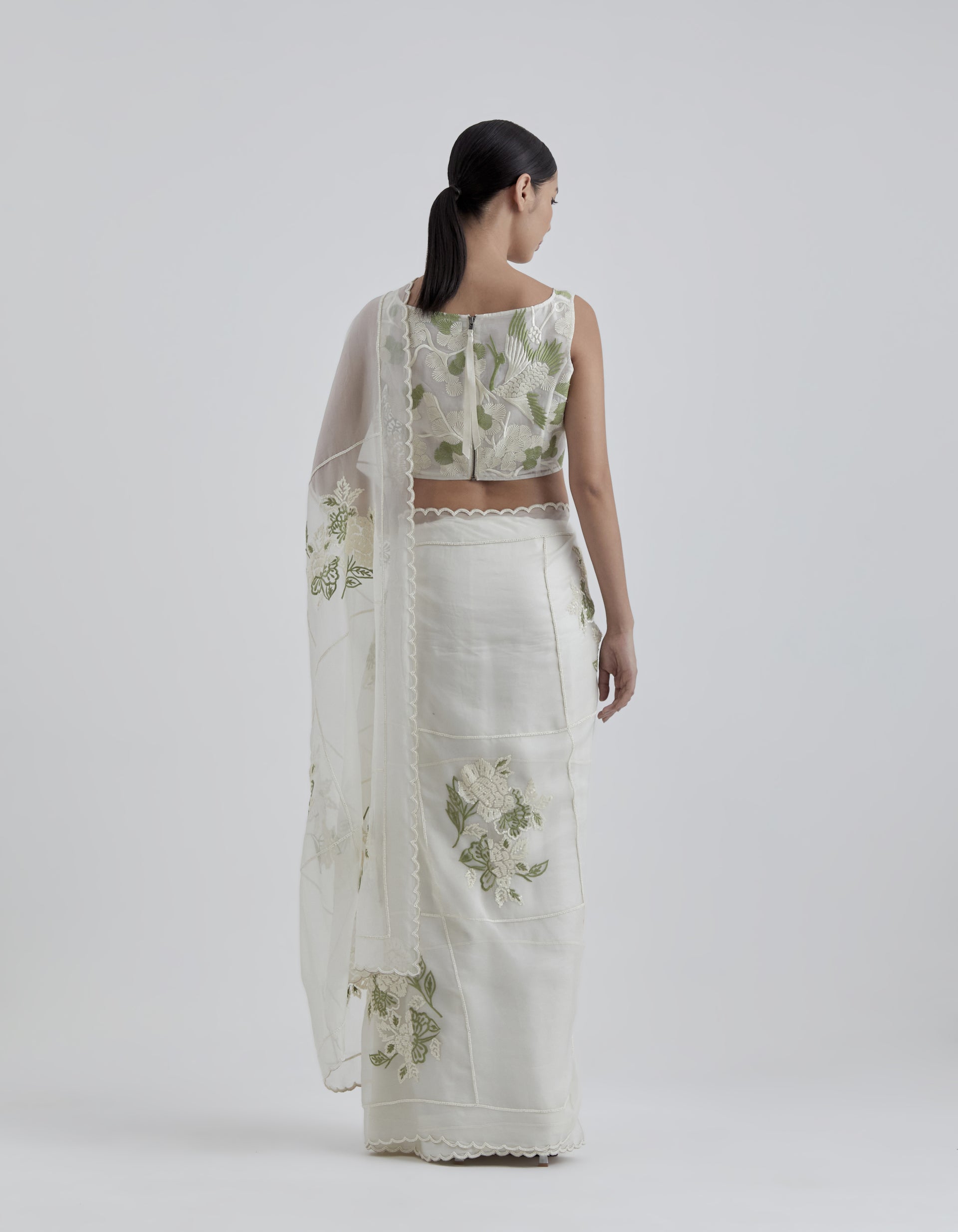 Ecru Hand Sequined Flat Stitch Sari