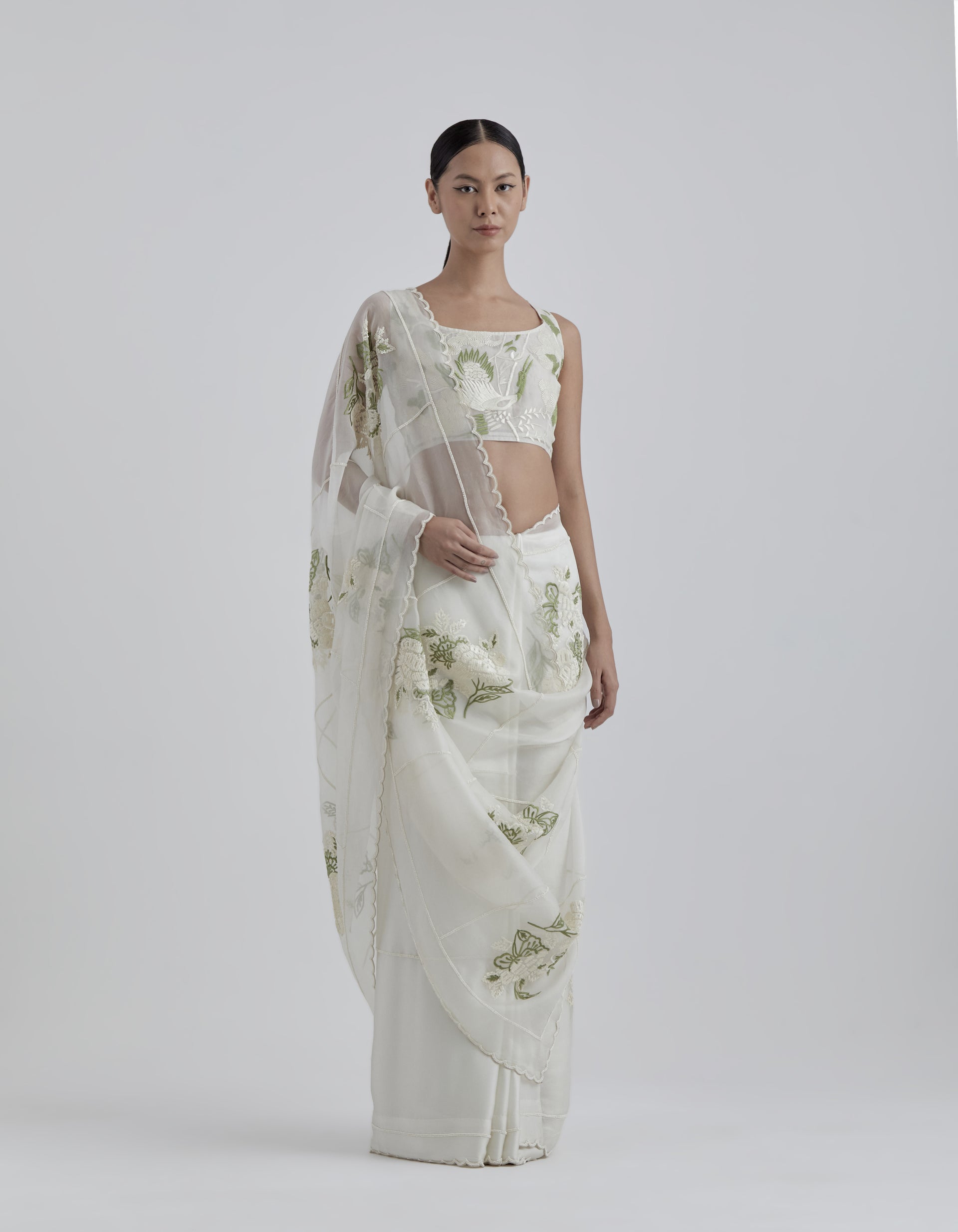 Ecru Hand Sequined Flat Stitch Sari