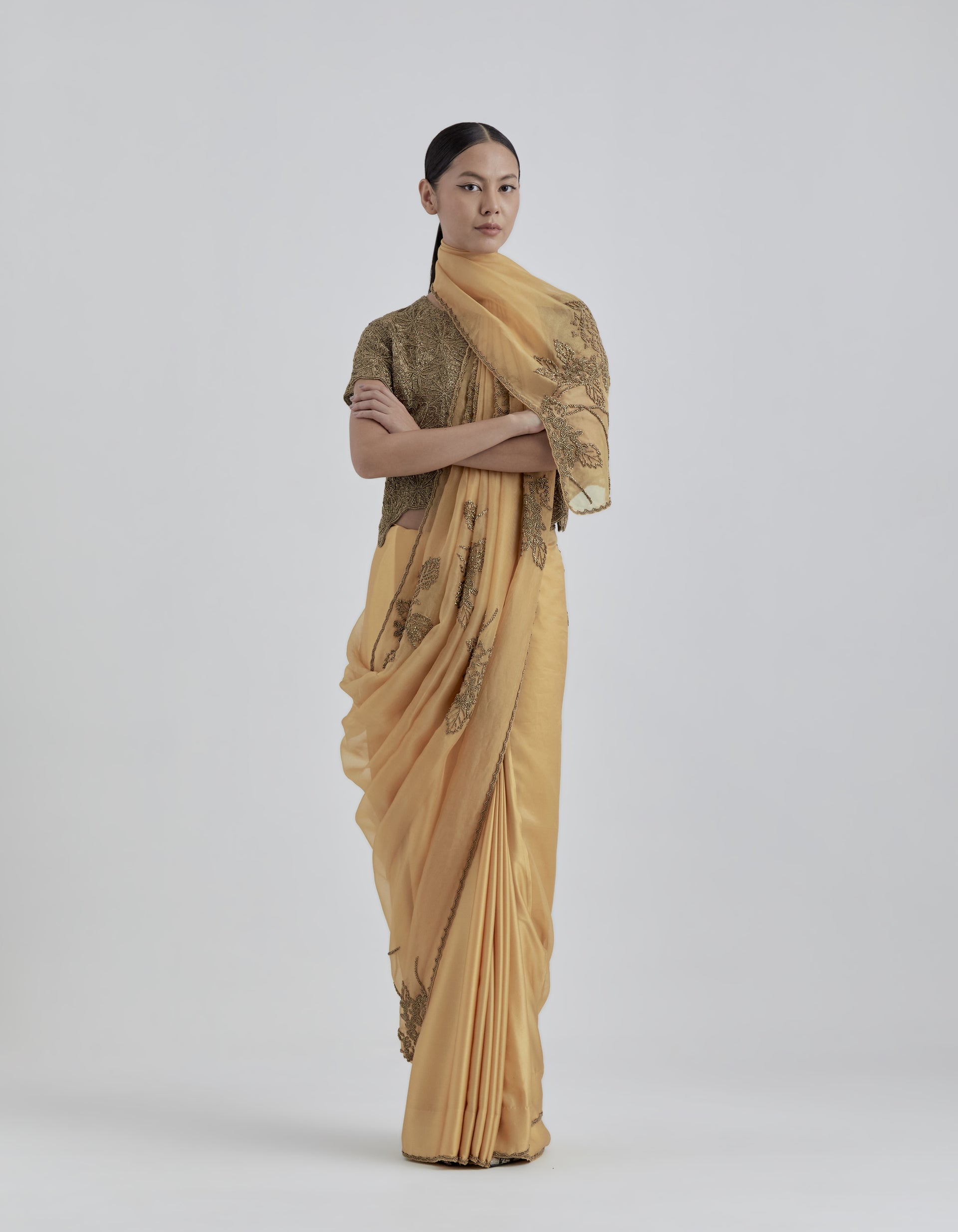 Saffron Hand Beaded Sari