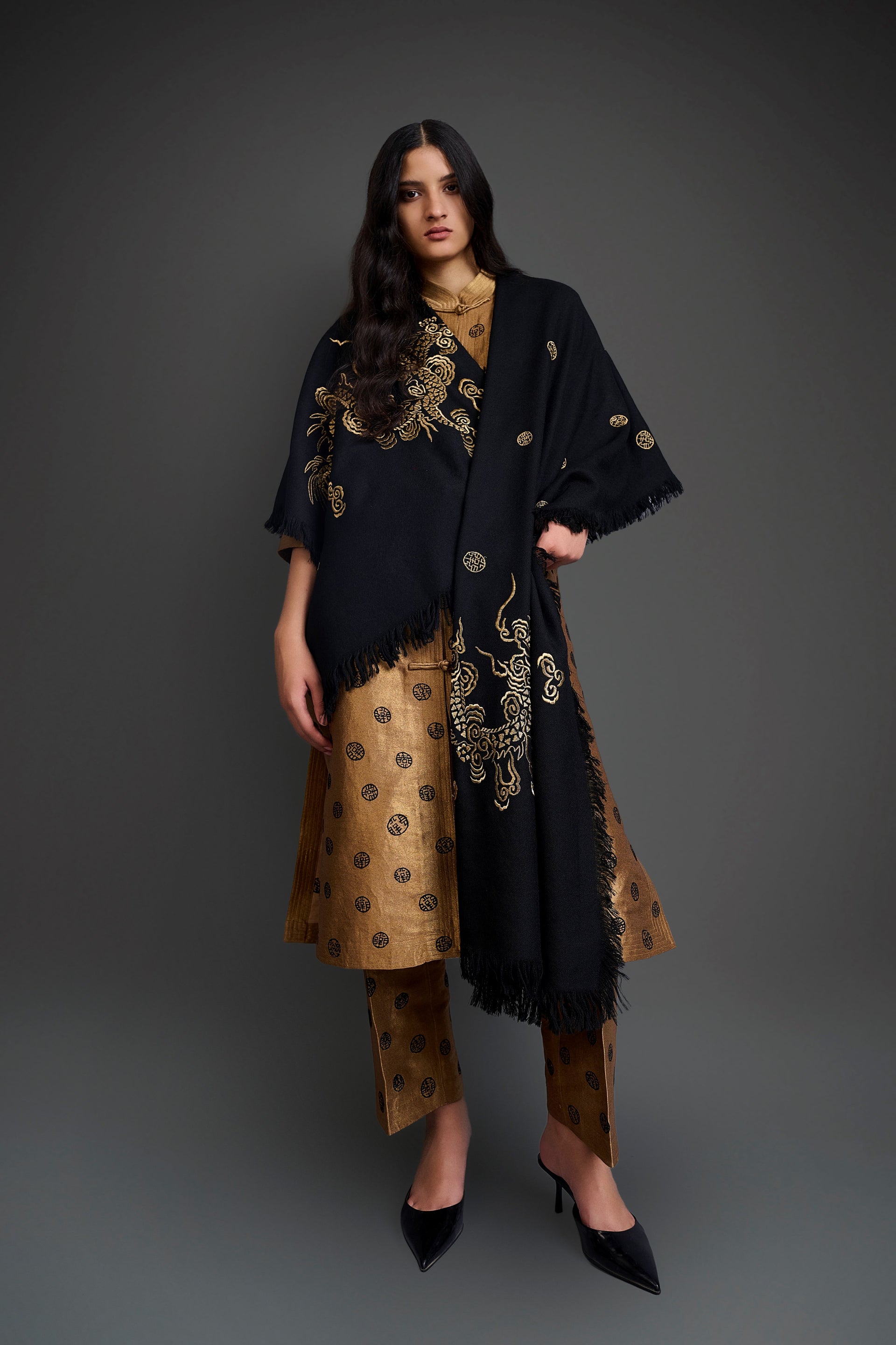 Black Wool Shawl with Gold Flat Stitch