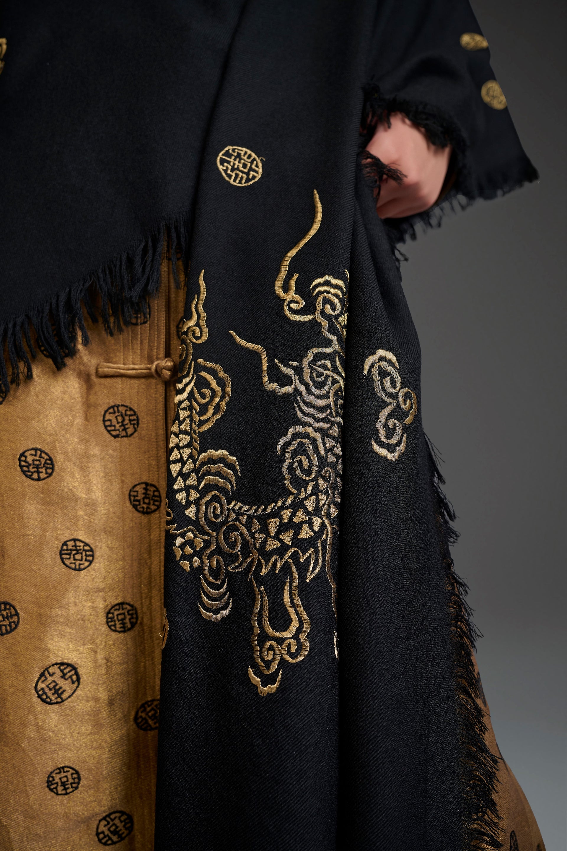 Black Wool Shawl with Gold Flat Stitch