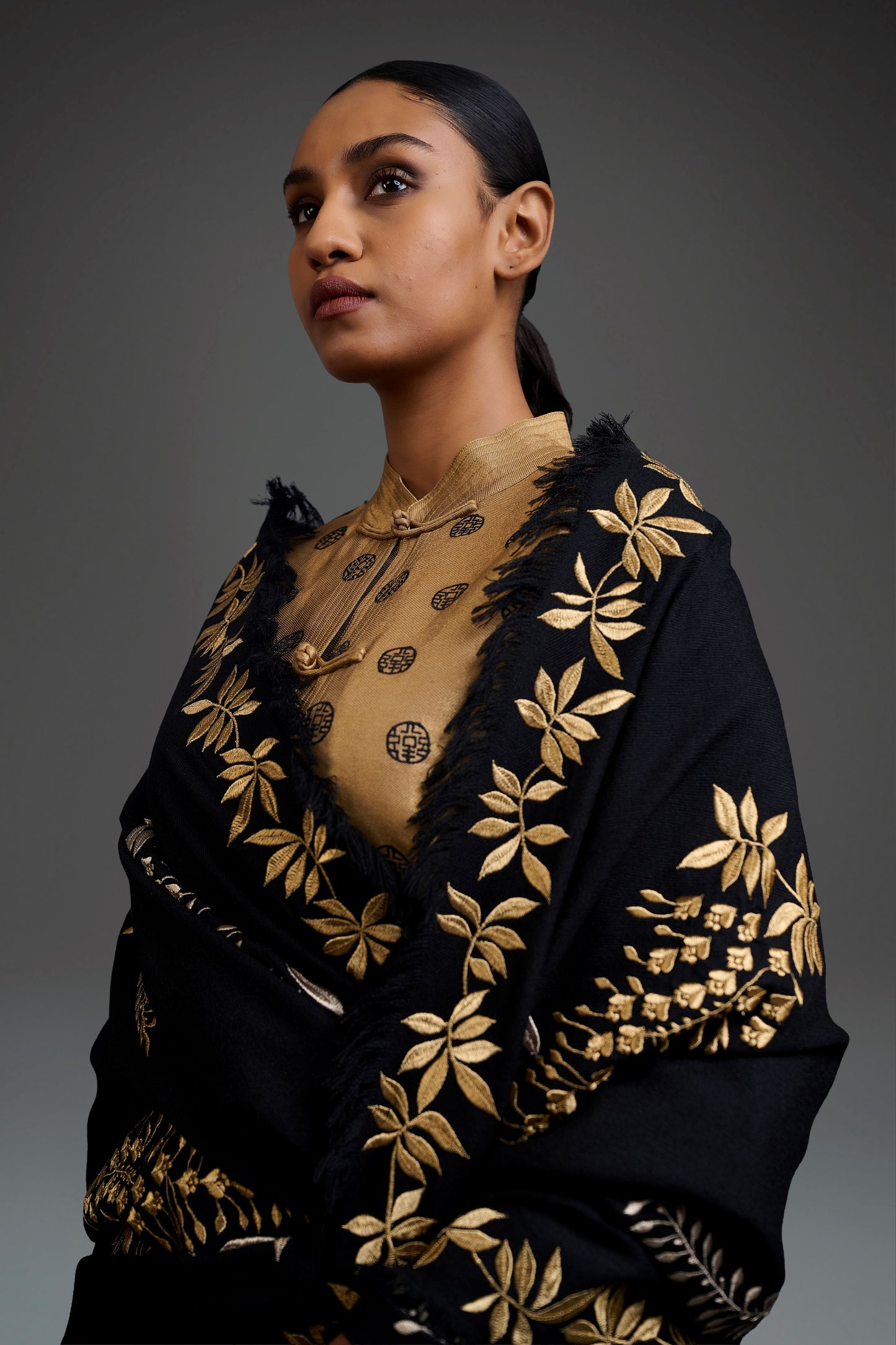Black Wool Shawl with Gold Flat Stitch