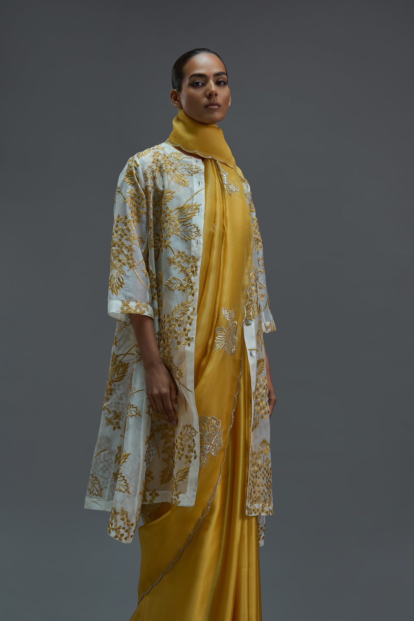 Ecru Damask Stitched Cutwork Jacket