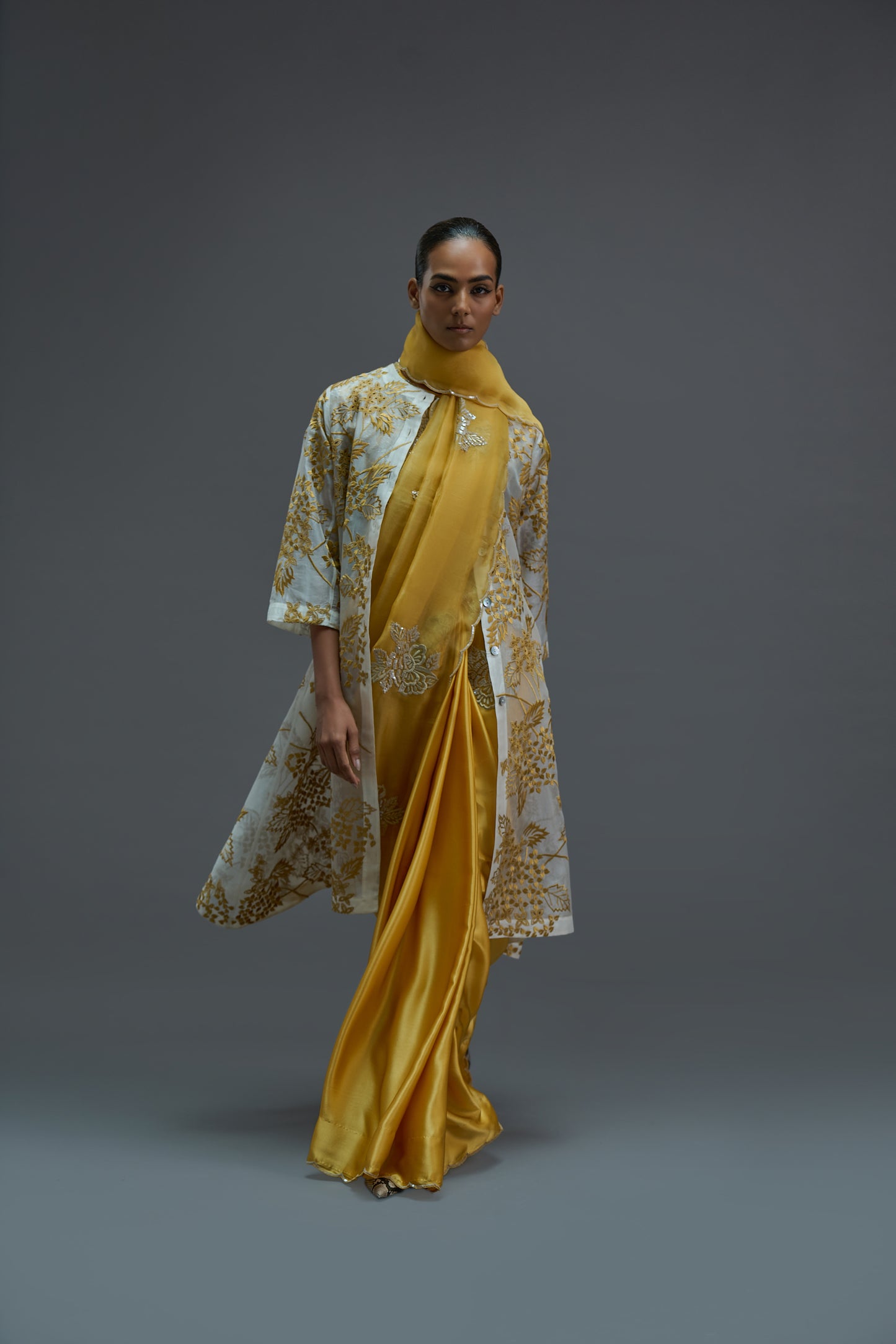 Ecru Damask Stitched Cutwork Jacket