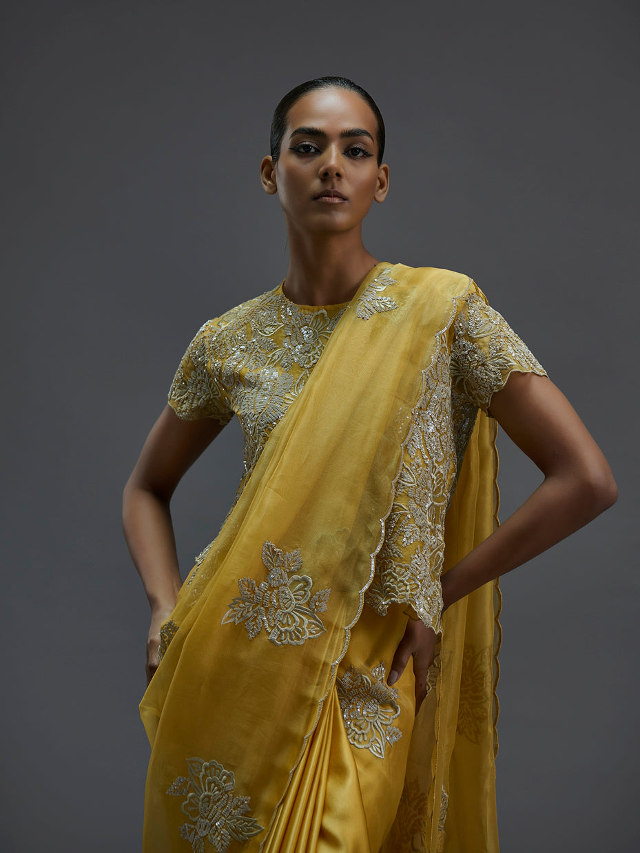 Saffron Hand Sequined Flat Stitch Sari