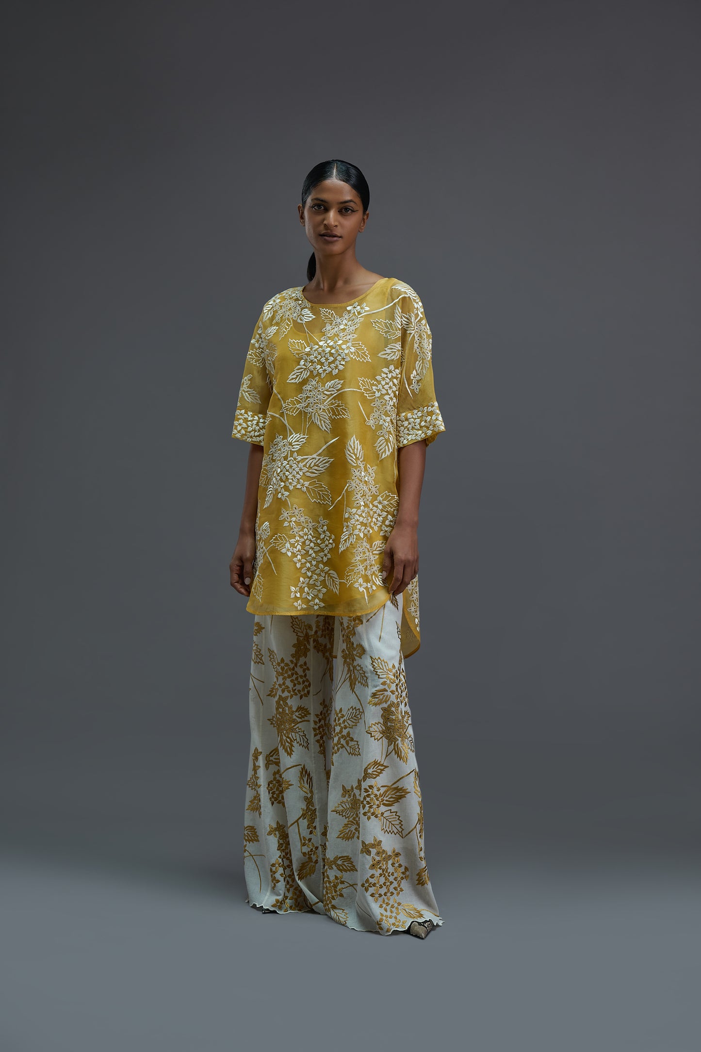 Saffron Damask Stitched Cutwork Tunic