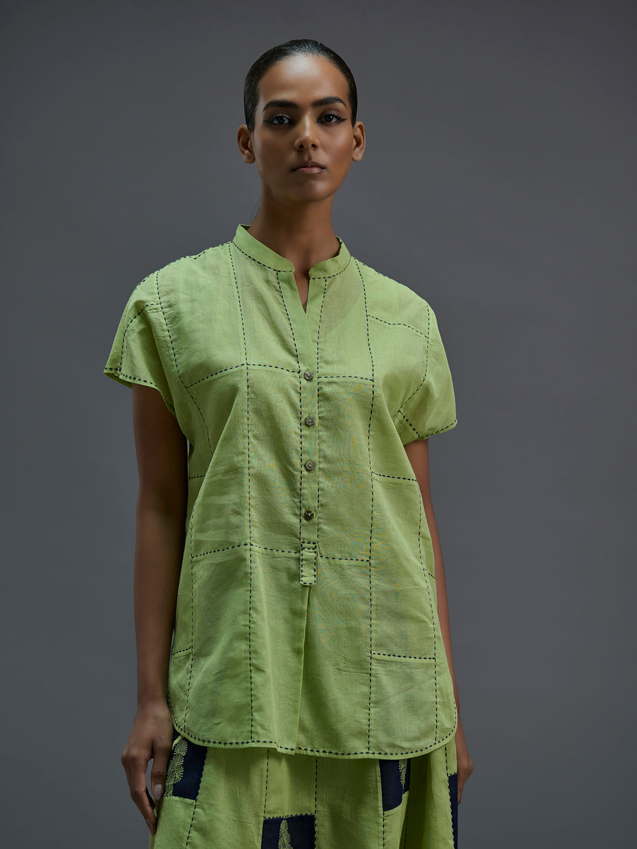 Grass Contrast Flat Stitch Patchwork Top