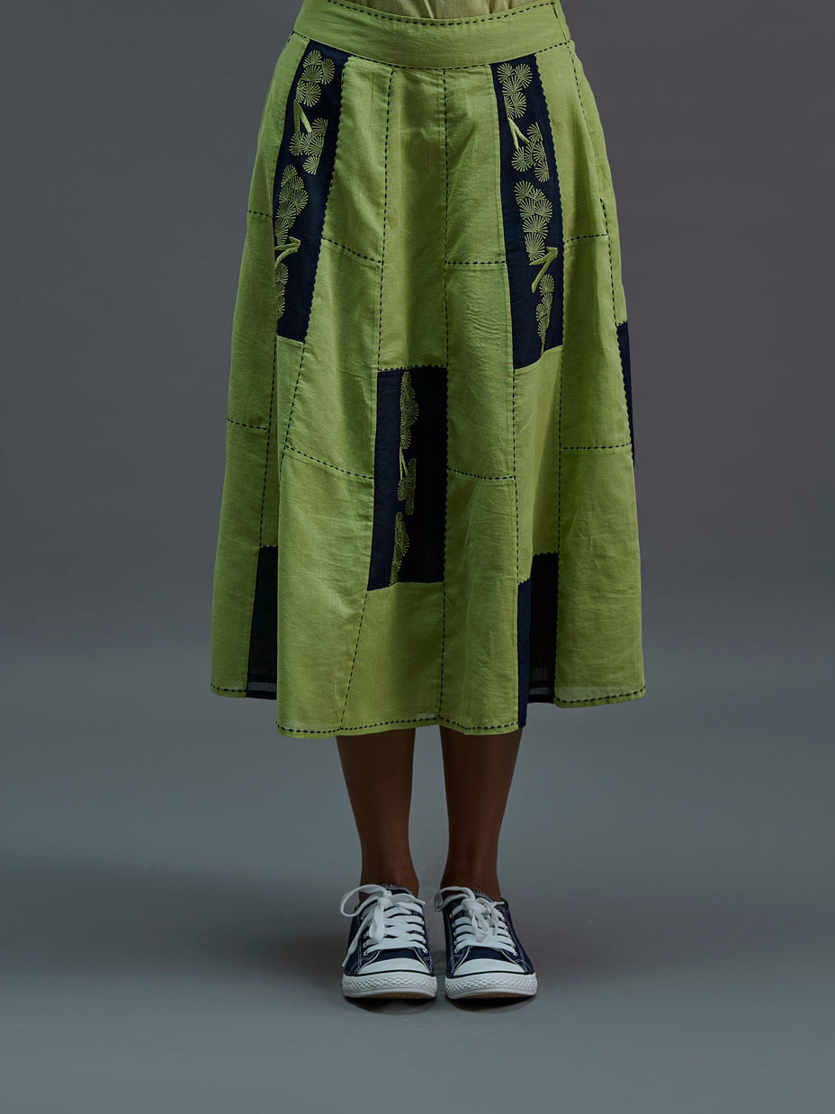 Grass Contrast Flat Stitch Patchwork Skirt