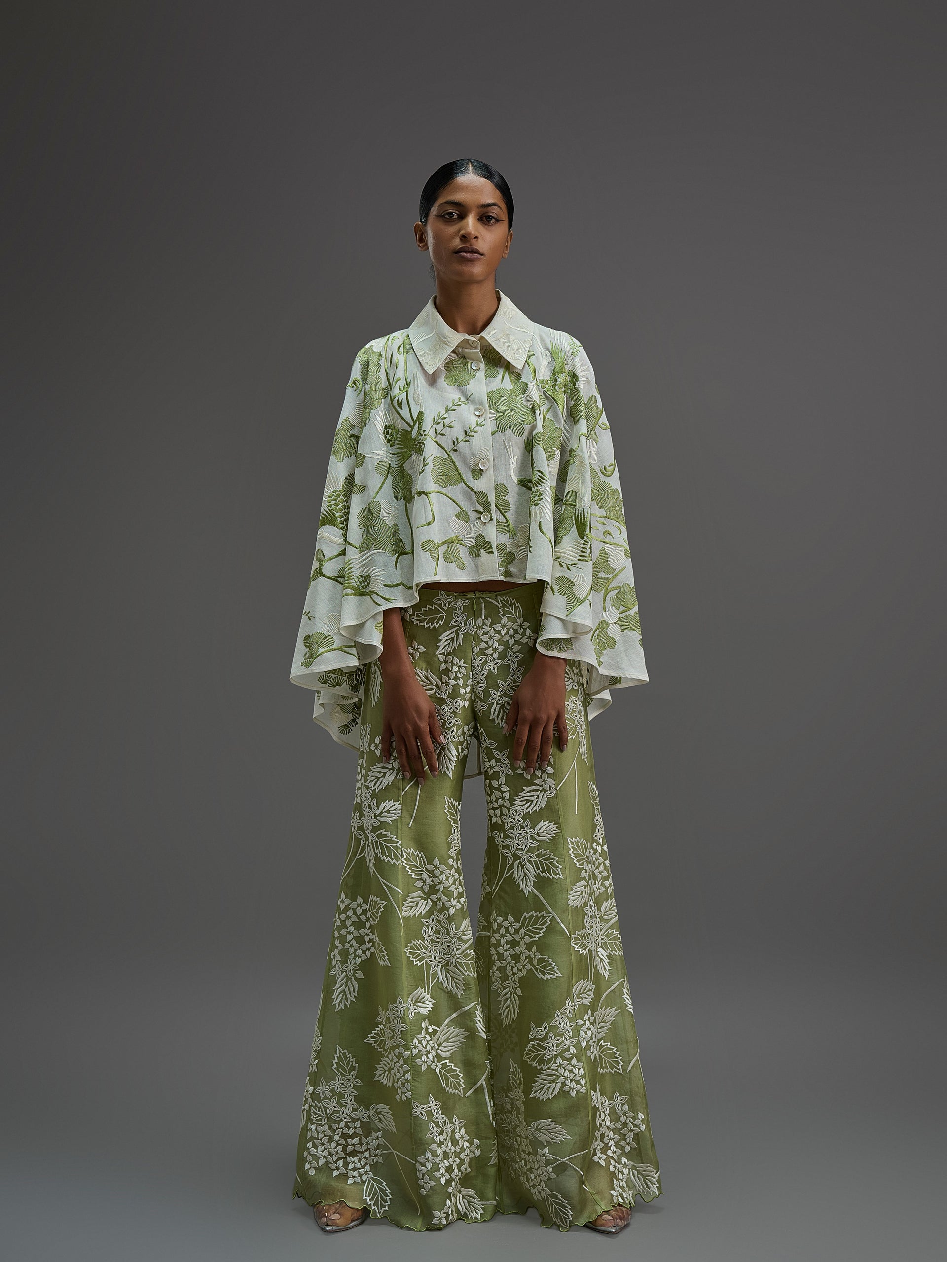 Ecru Bird Motif Cape Top
