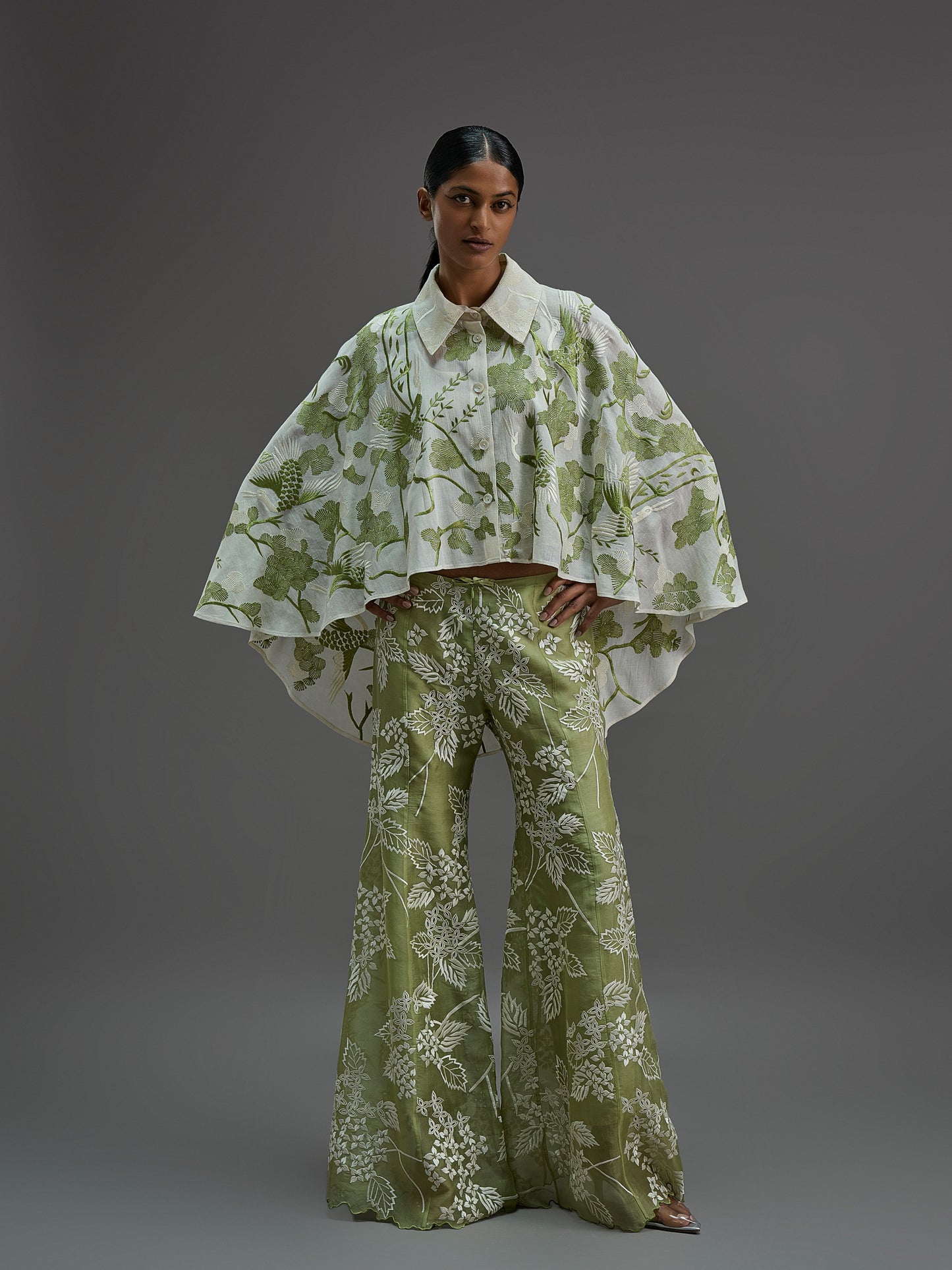 Grass Damask Stitched Cutwork Palazzo