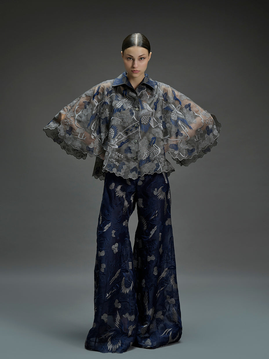 Taupe Bird Motif Cape Top