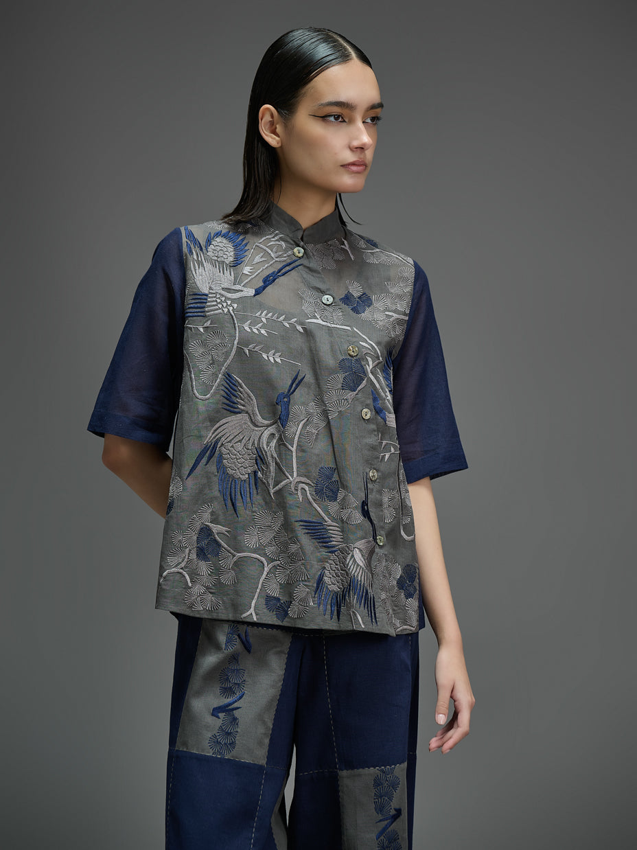 Taupe Bird Motif Top