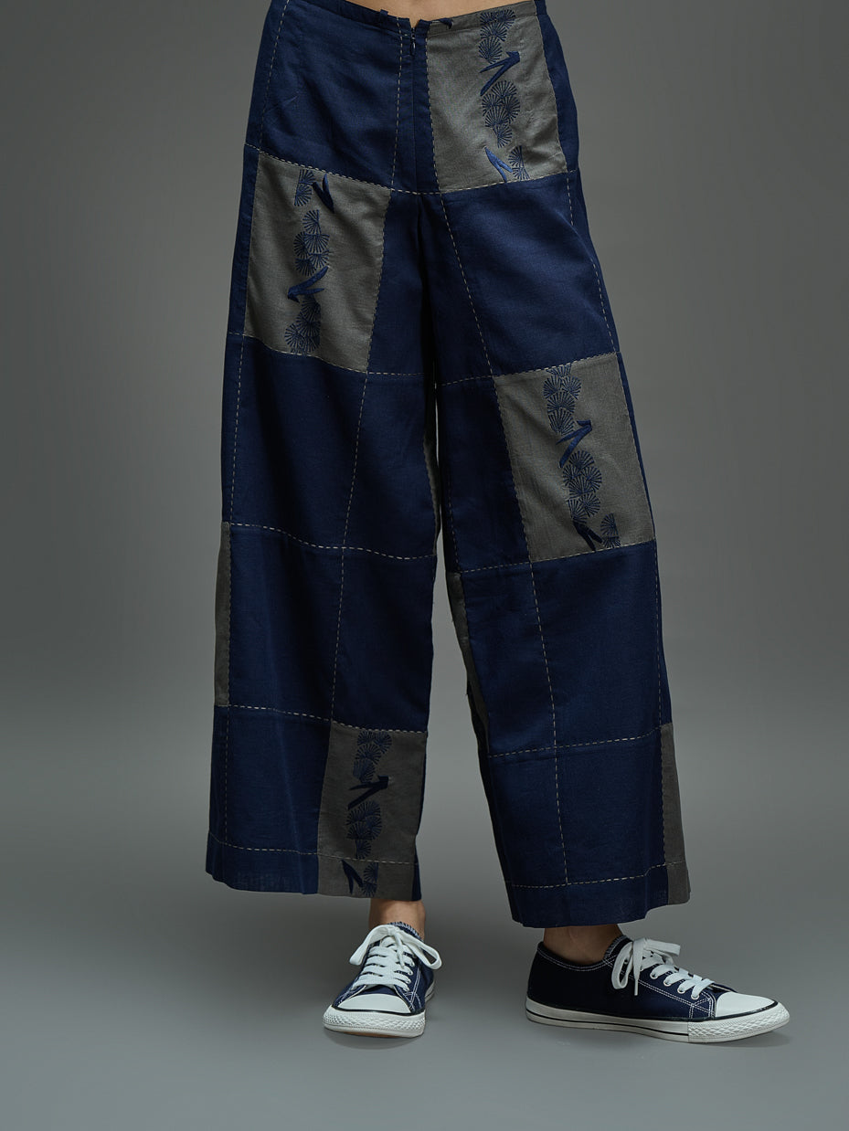 Indigo Contrast Flat Stitch Patchwork Pants