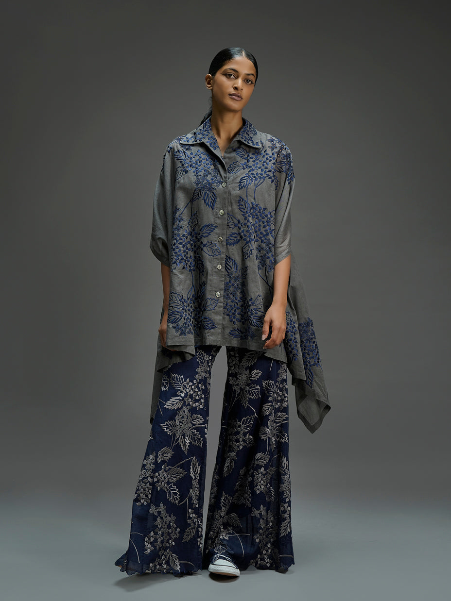 Indigo Damask Stitched Cutwork Palazzo
