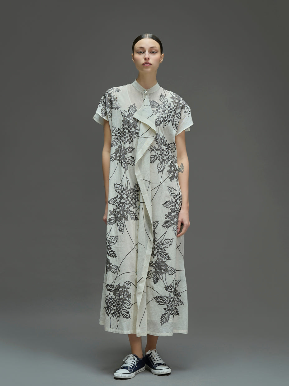 Ecru Damask Stitched Cutwork Dress