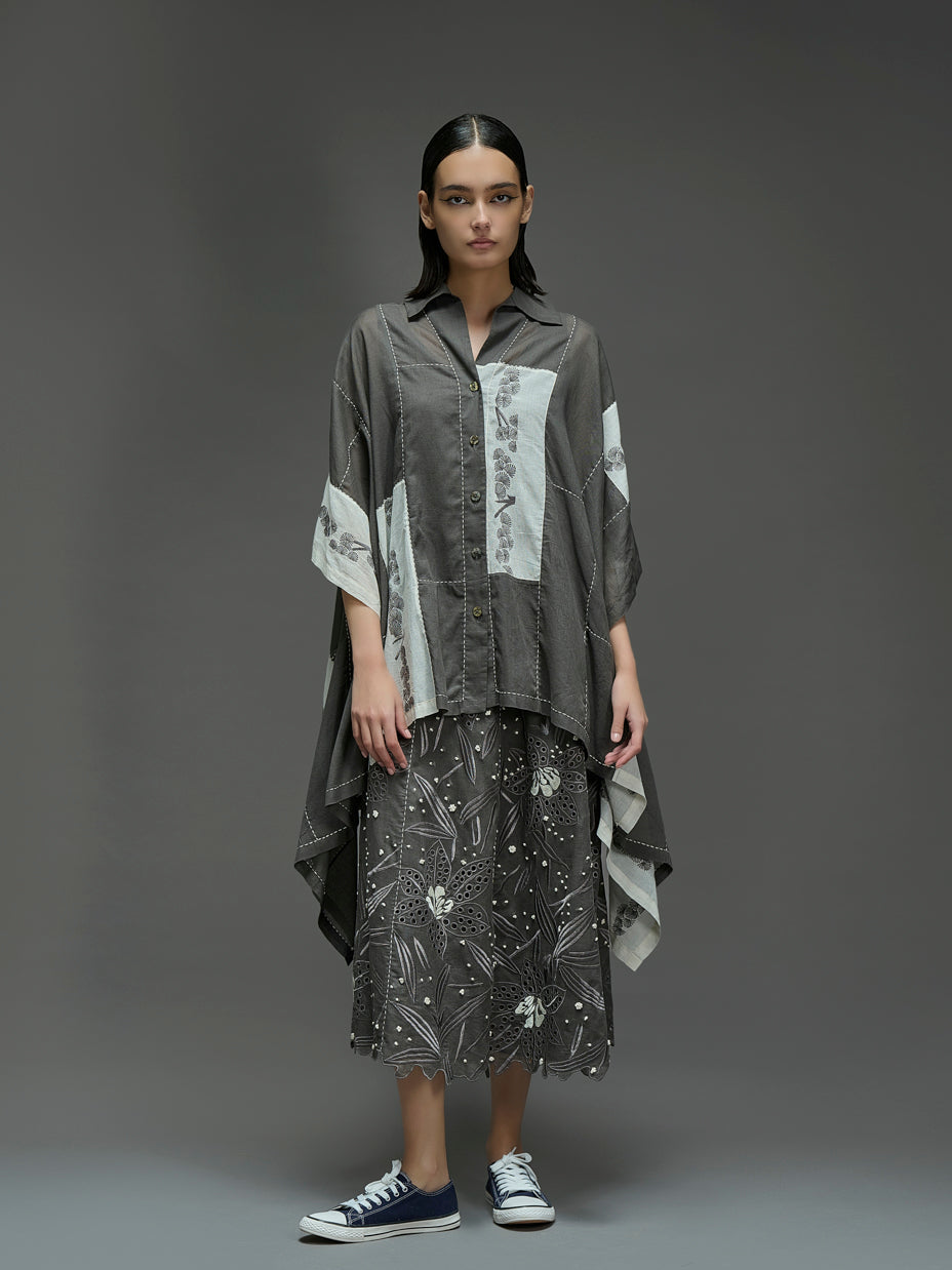 Taupe Contrast Flat Stitch Patchwork Cape