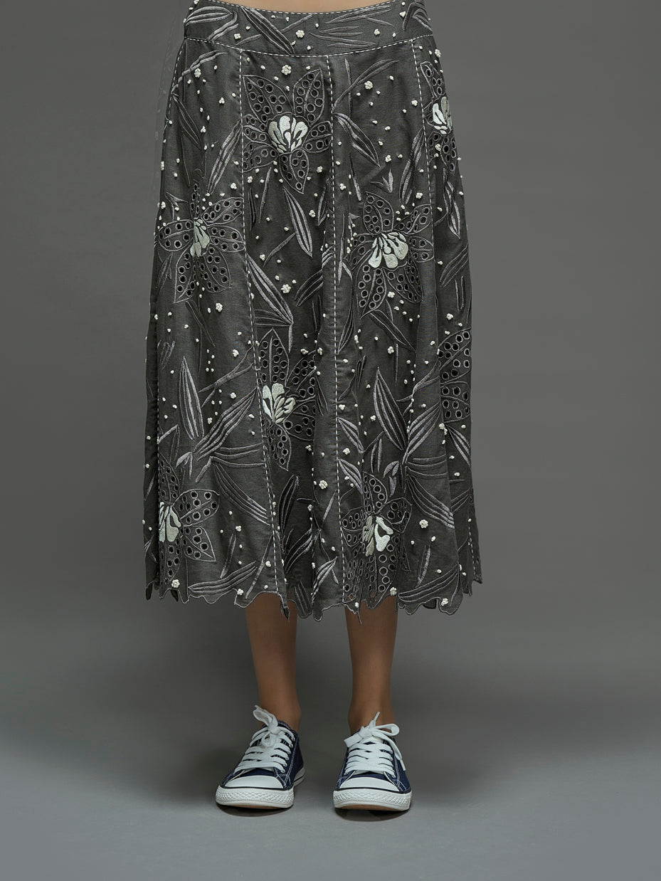 Taupe Cutwork and French Knot Skirt