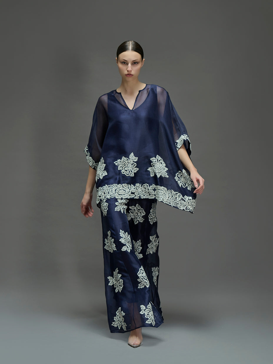 Indigo Hand Sequined Flat Stitch Top