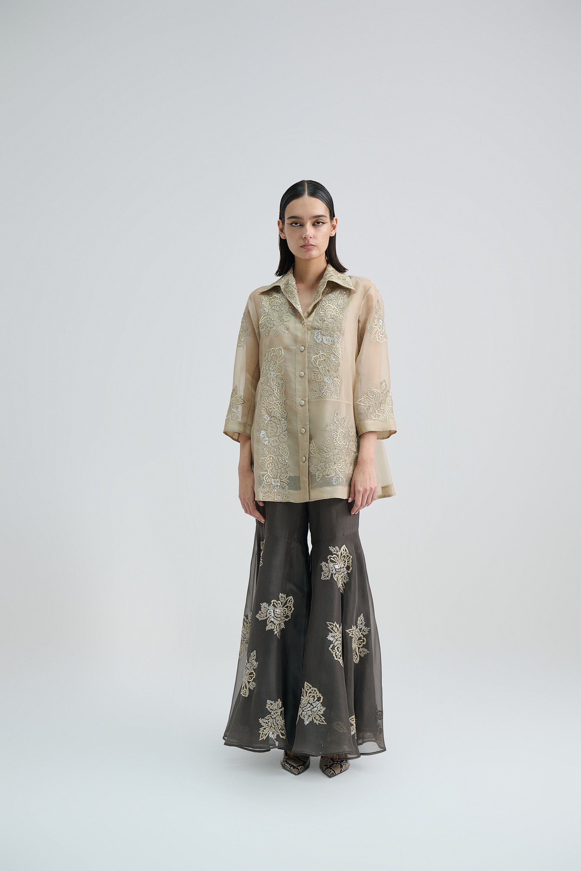Taupe Hand Sequined Flat Stitch Sharara