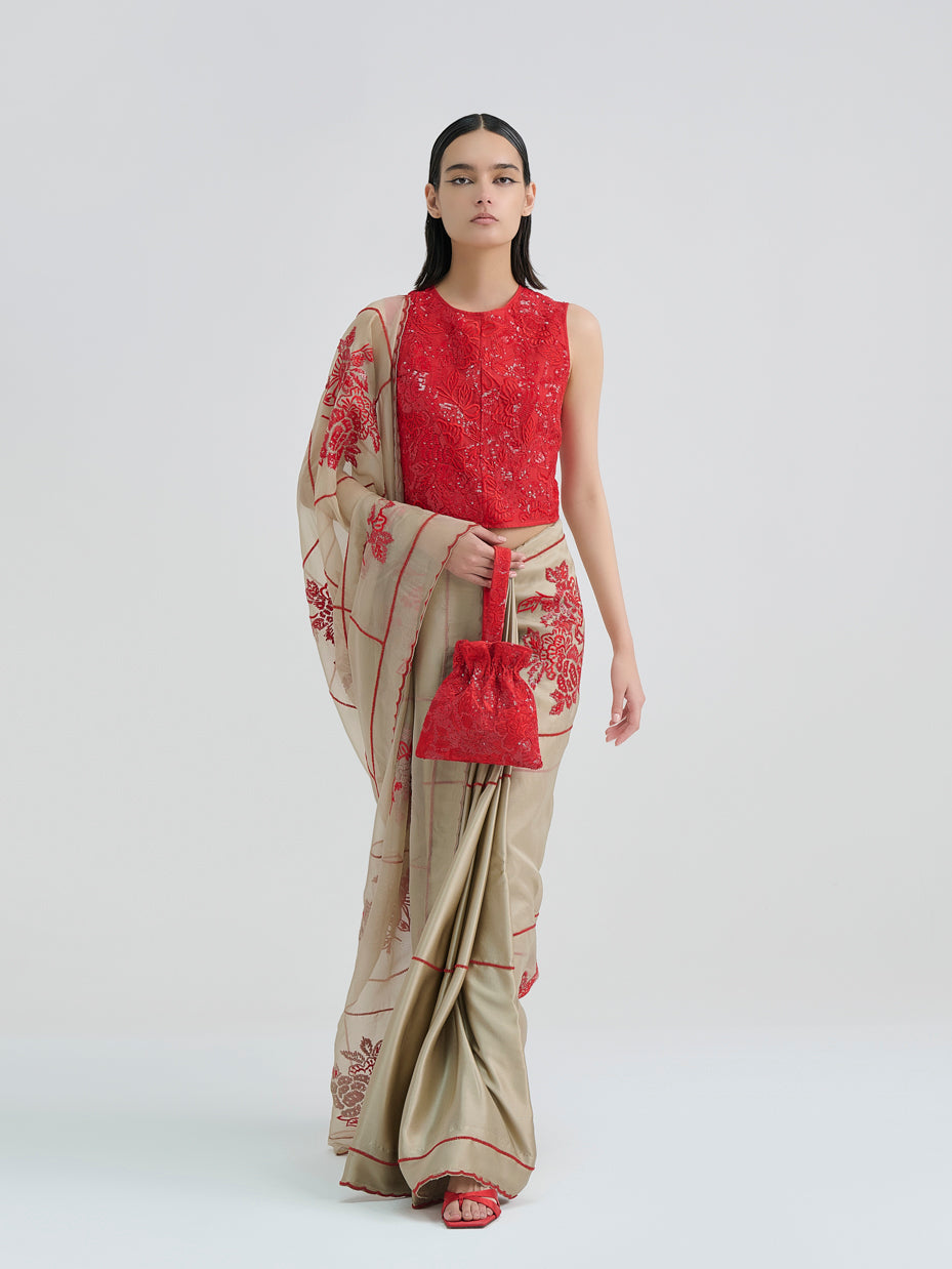 Natural Hand Sequined Flat Stitch Sari