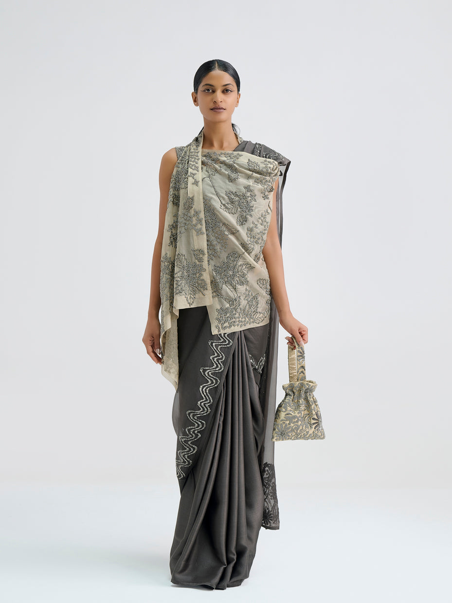Taupe Hand Beaded Sari