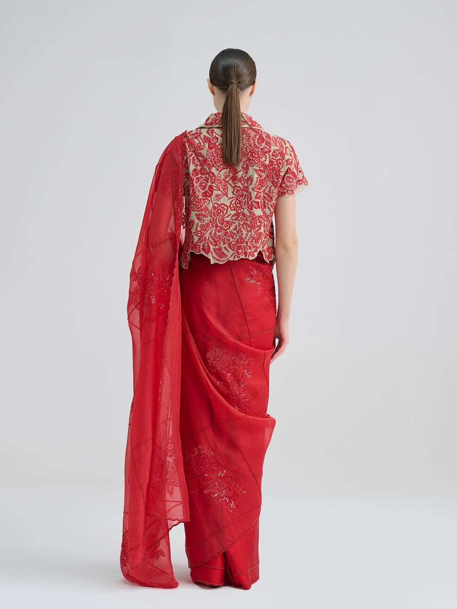 Crimson Hand Sequined Flat Stitch Sari