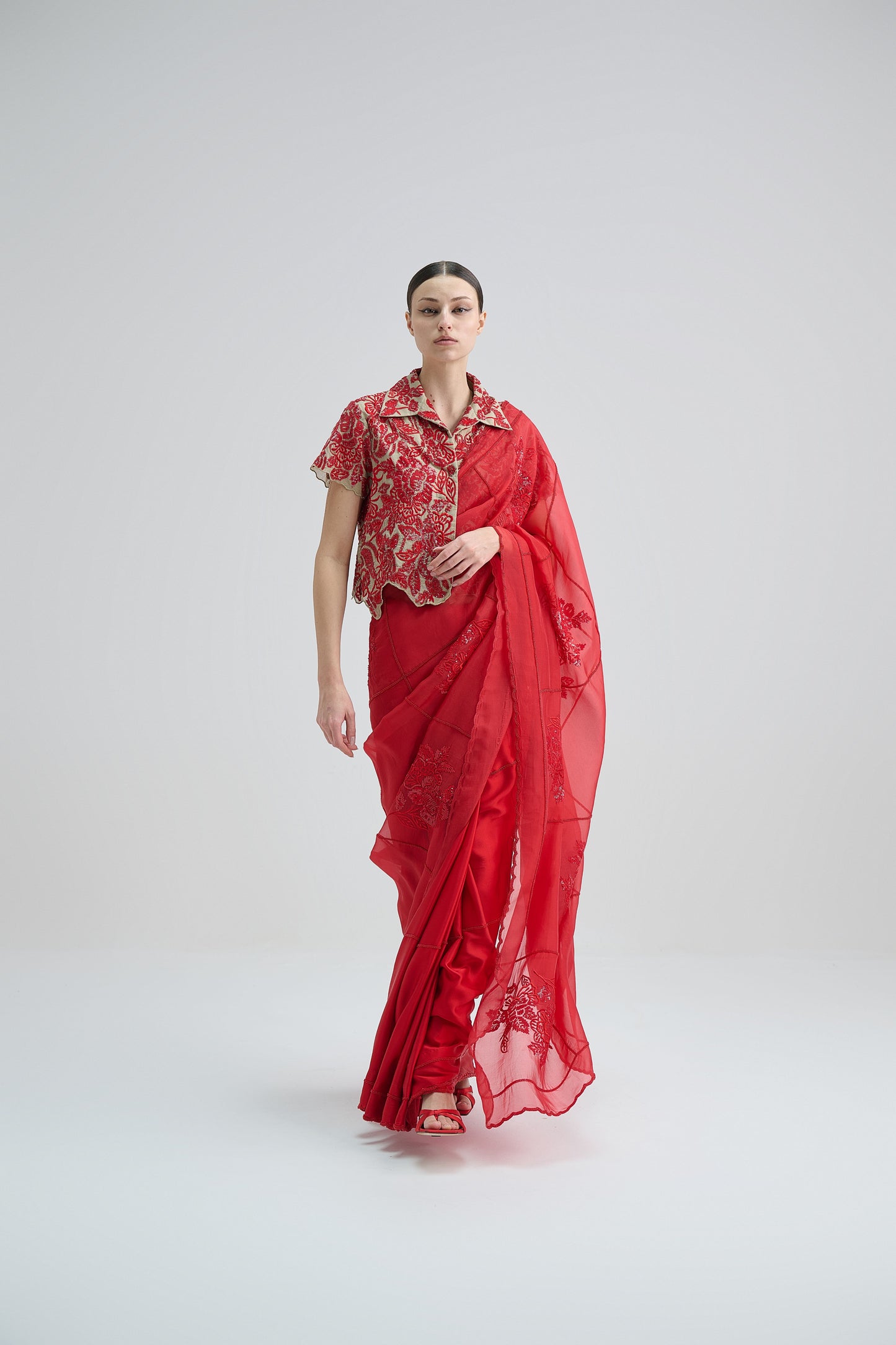 Crimson Hand Sequined Flat Stitch Sari